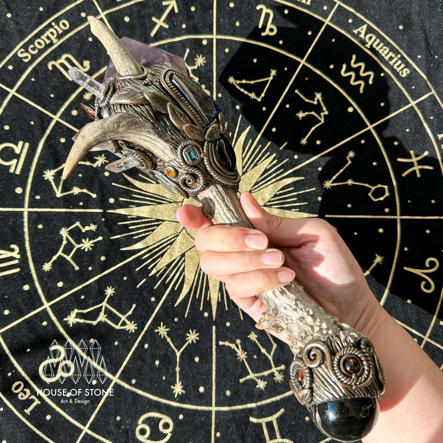 Handmade Natural Crystal Amethyst Antler Wand/Magic Smoky Quartz Witch Wand/Labradorite Amethyst Ammonite Antler Stem/Chakra/Altar Tool