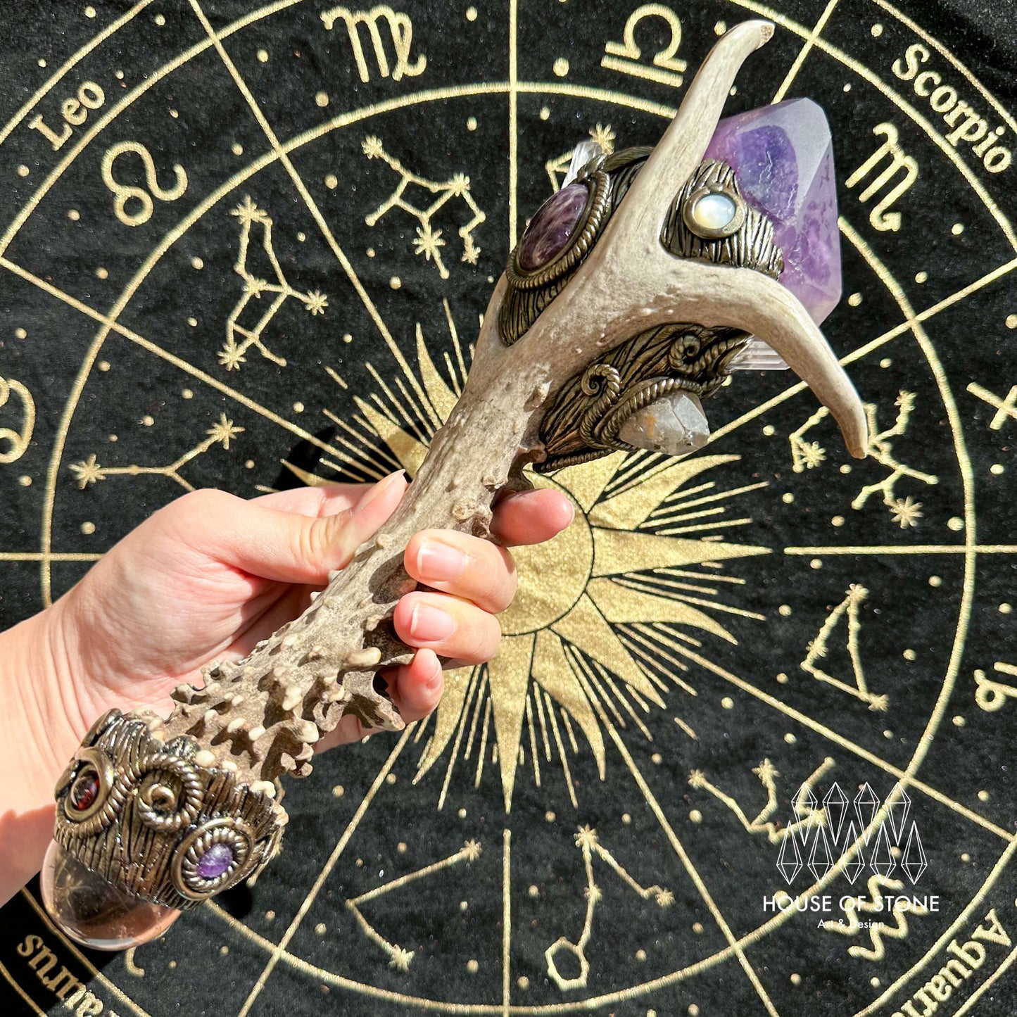 Handmade Natural Crystal Amethyst Antler Wand/Magic Smoky Quartz Witch Wand/Labradorite Amethyst Ammonite Antler Stem/Chakra/Altar Tool