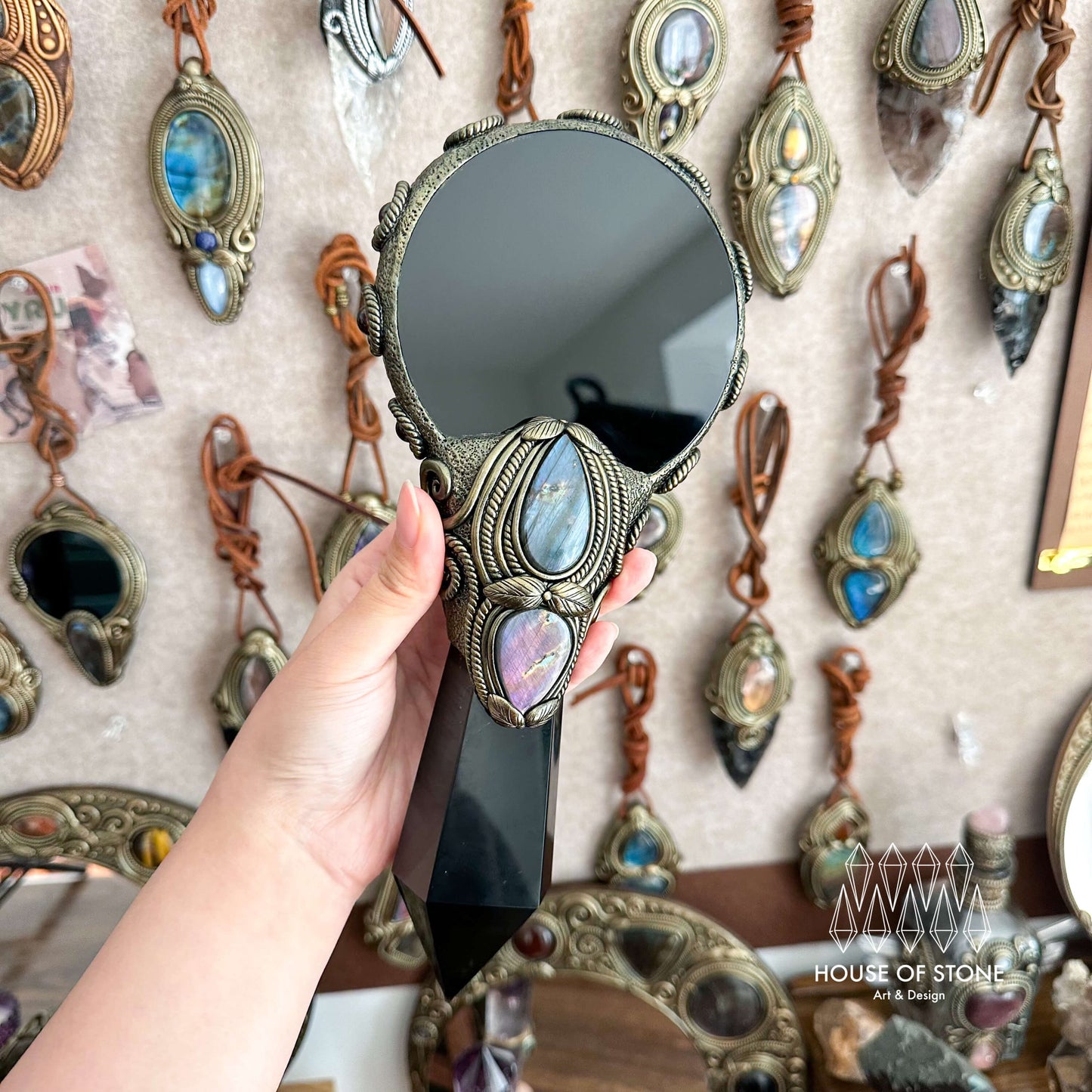 Handmade Natural Black Obsidian Mirror/Magic Obsidian Witch Wand/Crystal Quartz Wand/Scrying Mirror Wand/Root Chakra/Manifest Altar Tool