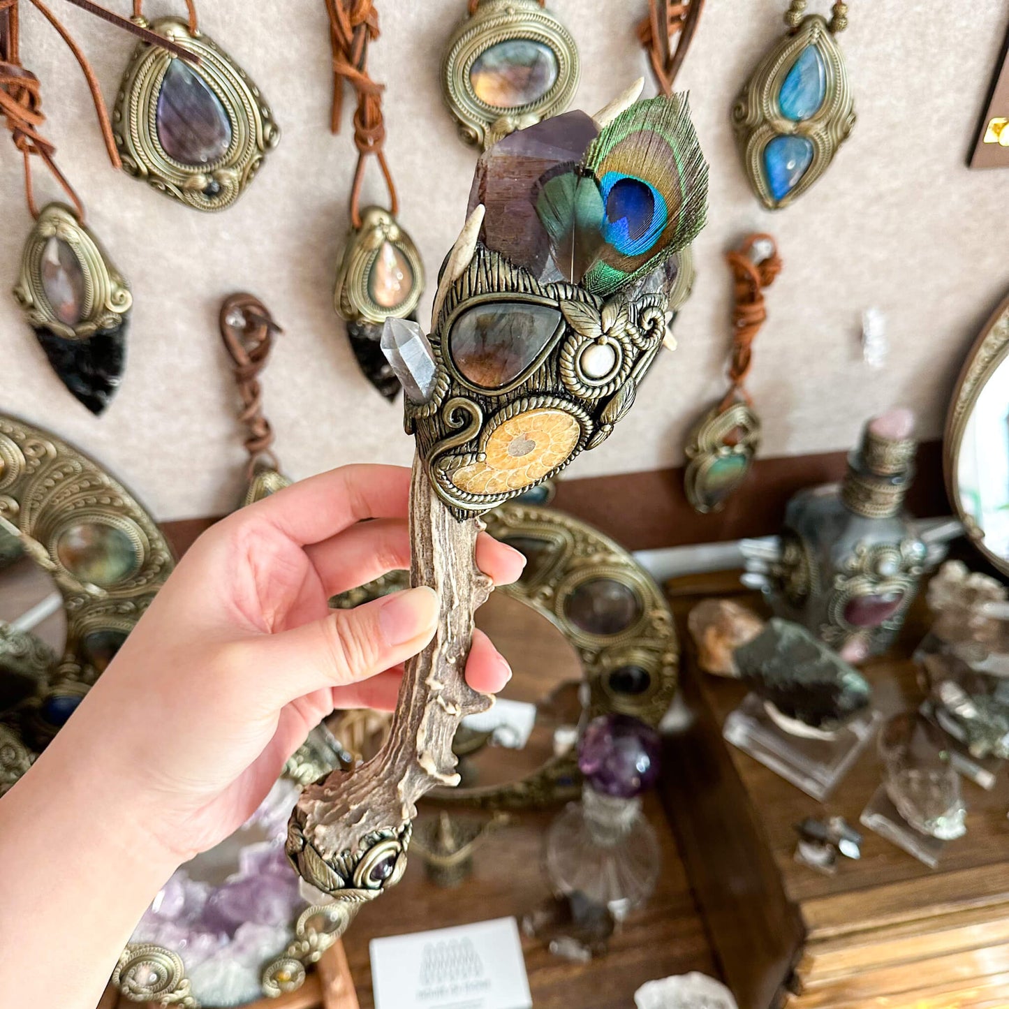 Handmade Natural Crystal Amethyst Antler Wand/Magic Smoky Quartz Witch Wand/Labradorite Amethyst Ammonite Antler Stem/Chakra/Altar Tool