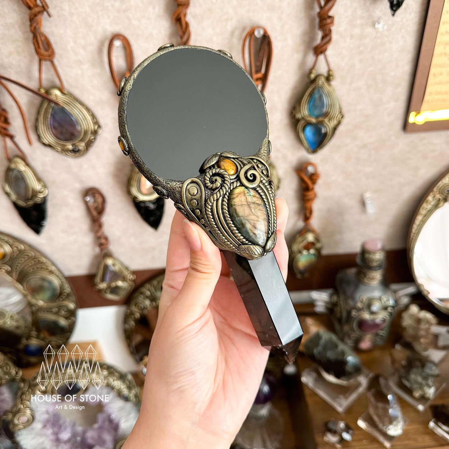 Handmade Natural Black Obsidian Mirror/Magic Obsidian Witch Wand/Crystal Quartz Wand/Scrying Mirror Wand/Root Chakra/Manifest Altar Tool