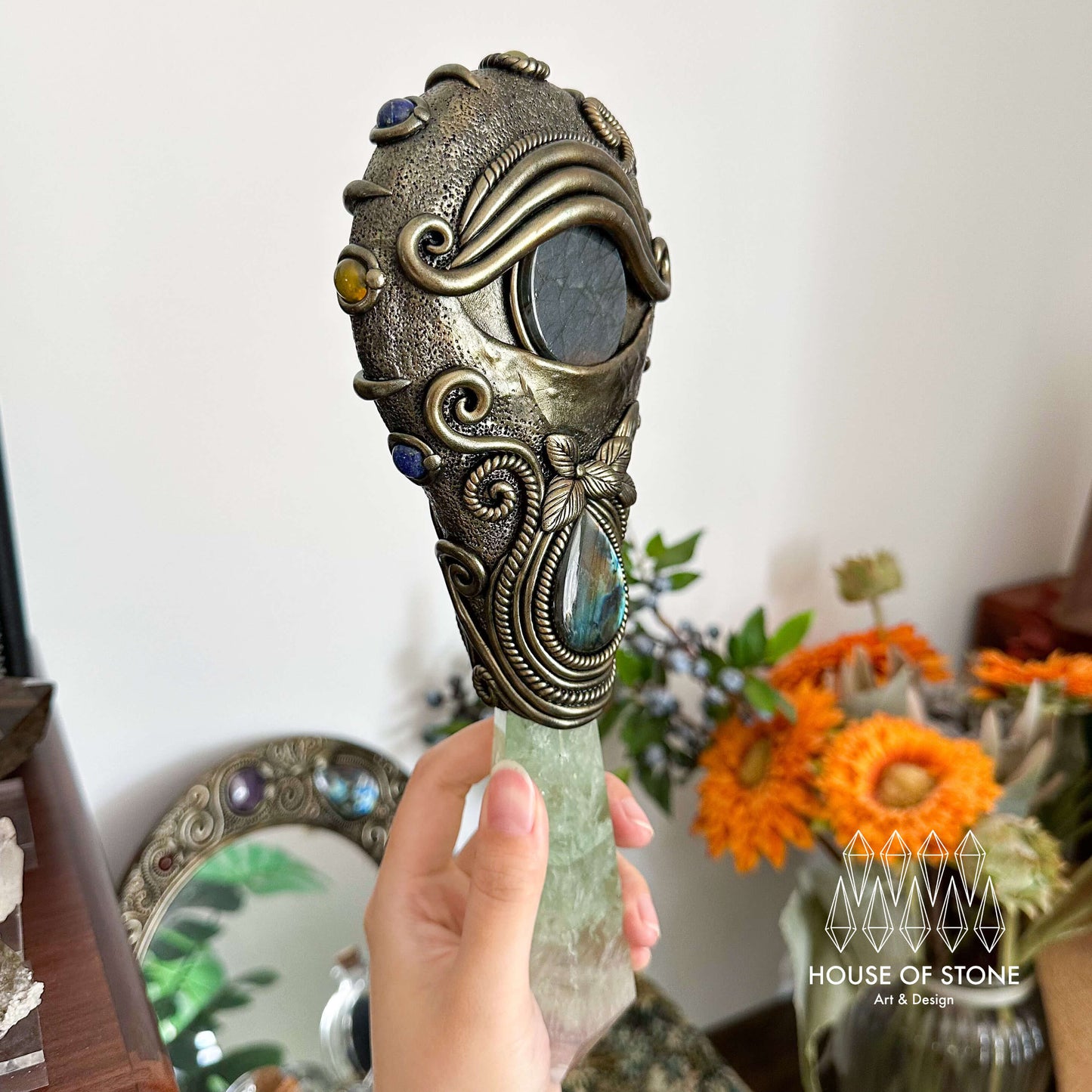 Handmade Natural Black Obsidian Mirror/Magic Obsidian Witch Wand/Crystal Quartz Wand/Scrying Mirror Wand/Root Chakra/Manifest Altar Tool