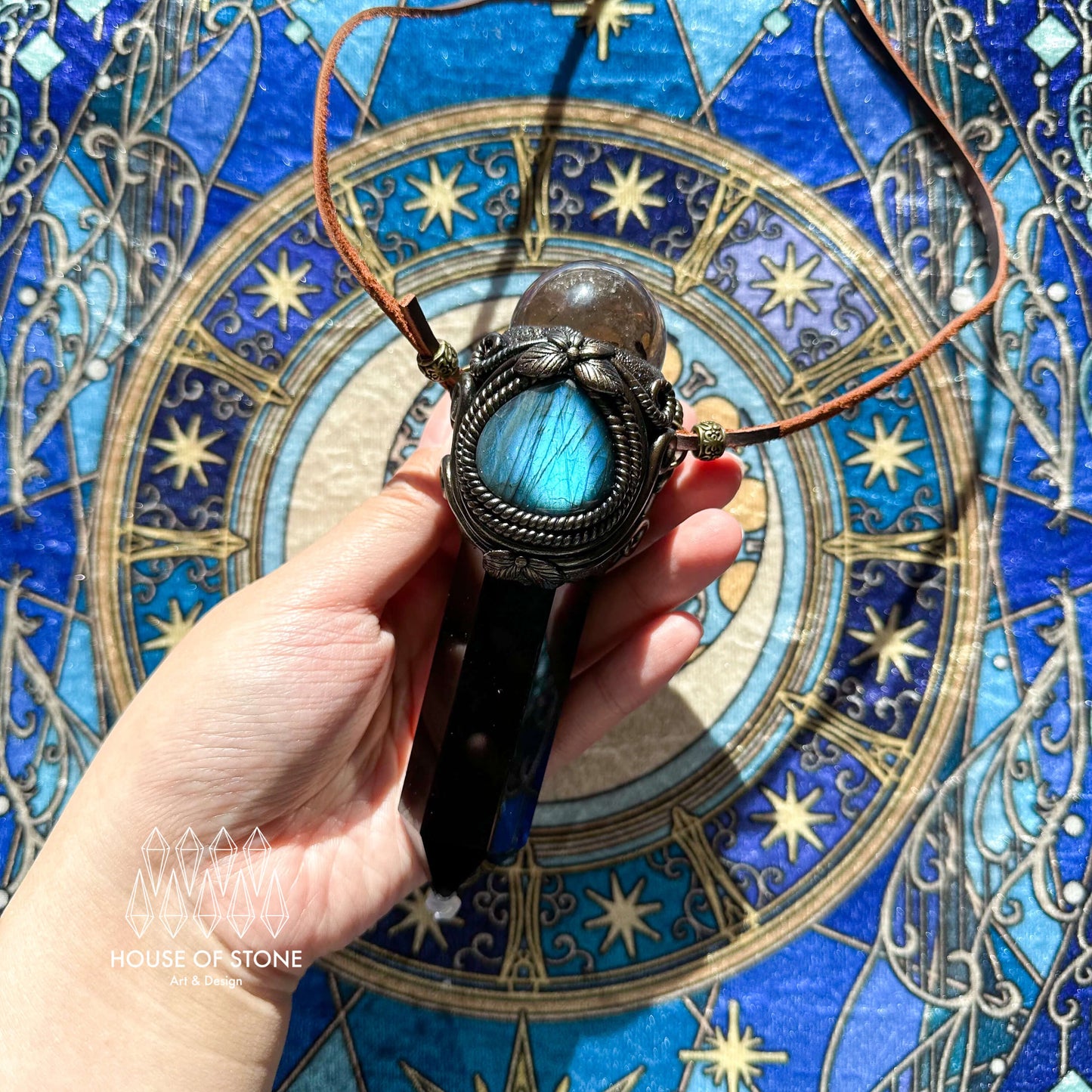 Natural Handmade Black Obsidian Pendant Necklace/Magic Smoky Quartz Crystal Pendant/Labradorite Jewelry/Chakra/Altar Tool