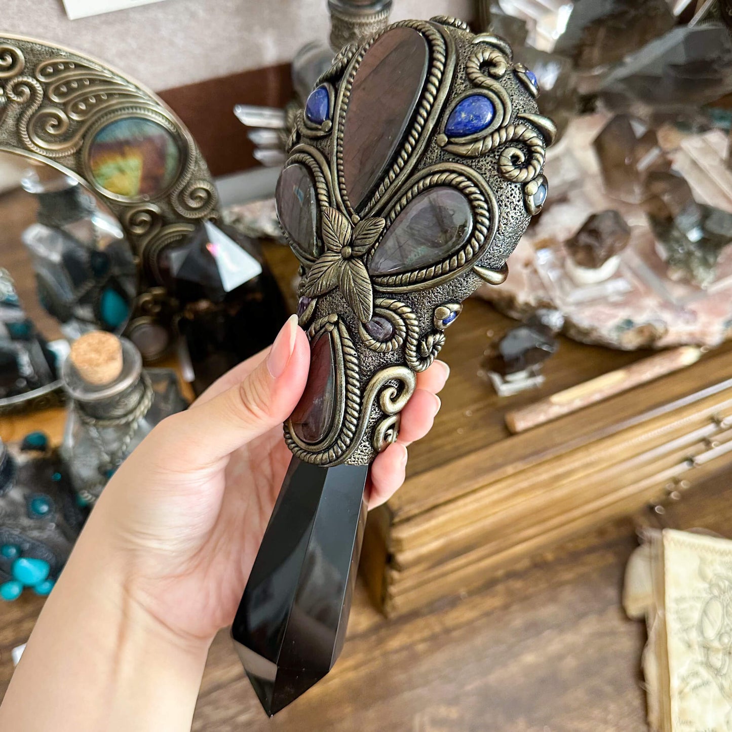 Handmade Natural Black Obsidian Mirror/Magic Obsidian Witch Wand/Crystal Quartz Wand/Scrying Mirror Wand/Root Chakra/Manifest Altar Tool