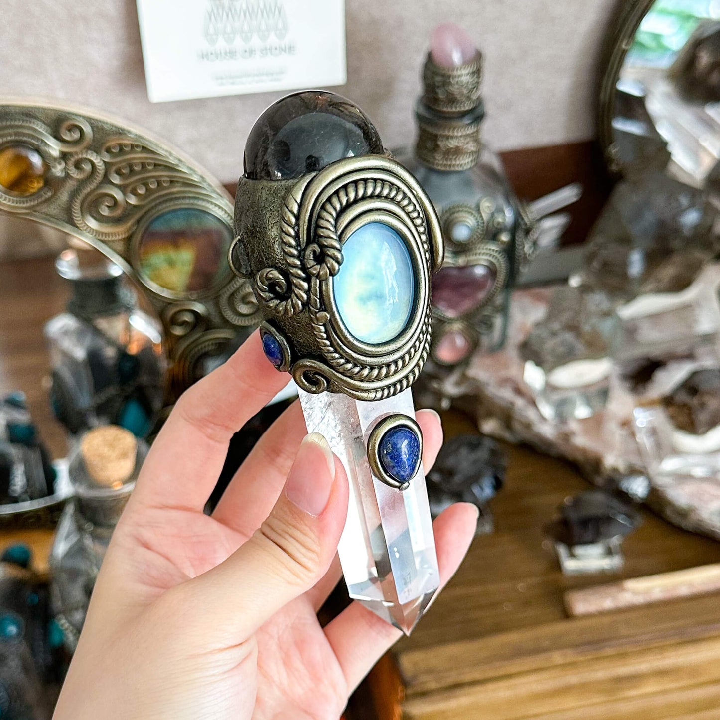 Handmade Natural Clear Quartz Pendant Necklace/Magic Smoky Quartz Crystal Protection Pendant/Labradorite Talisman Jewelry/Chakra/Altar Tool