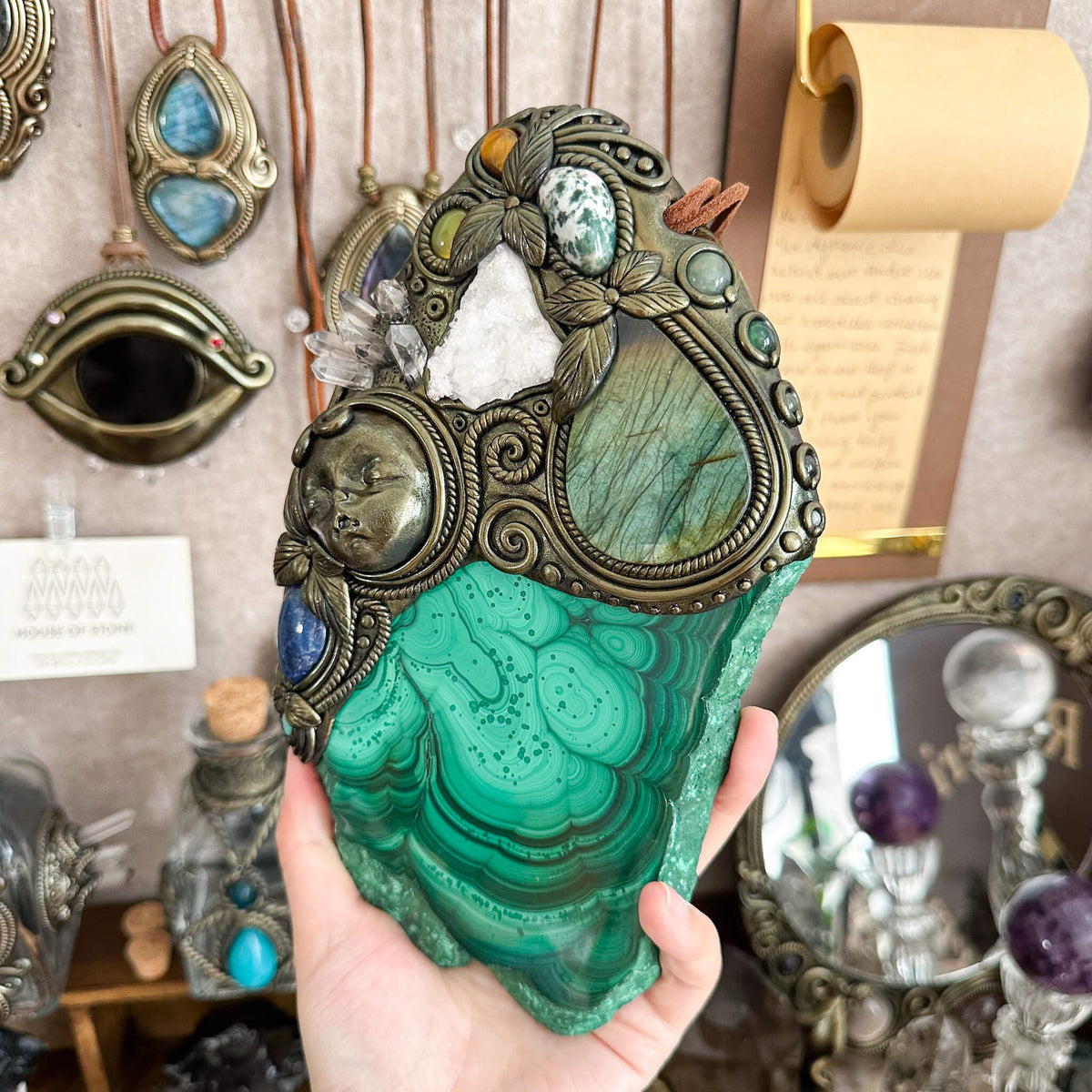 Handmade Natural Malachite Crystal Wall Hanging Decor/Spiritual Window Interior Room Hangings/Christmas Crystal Door Hanging
