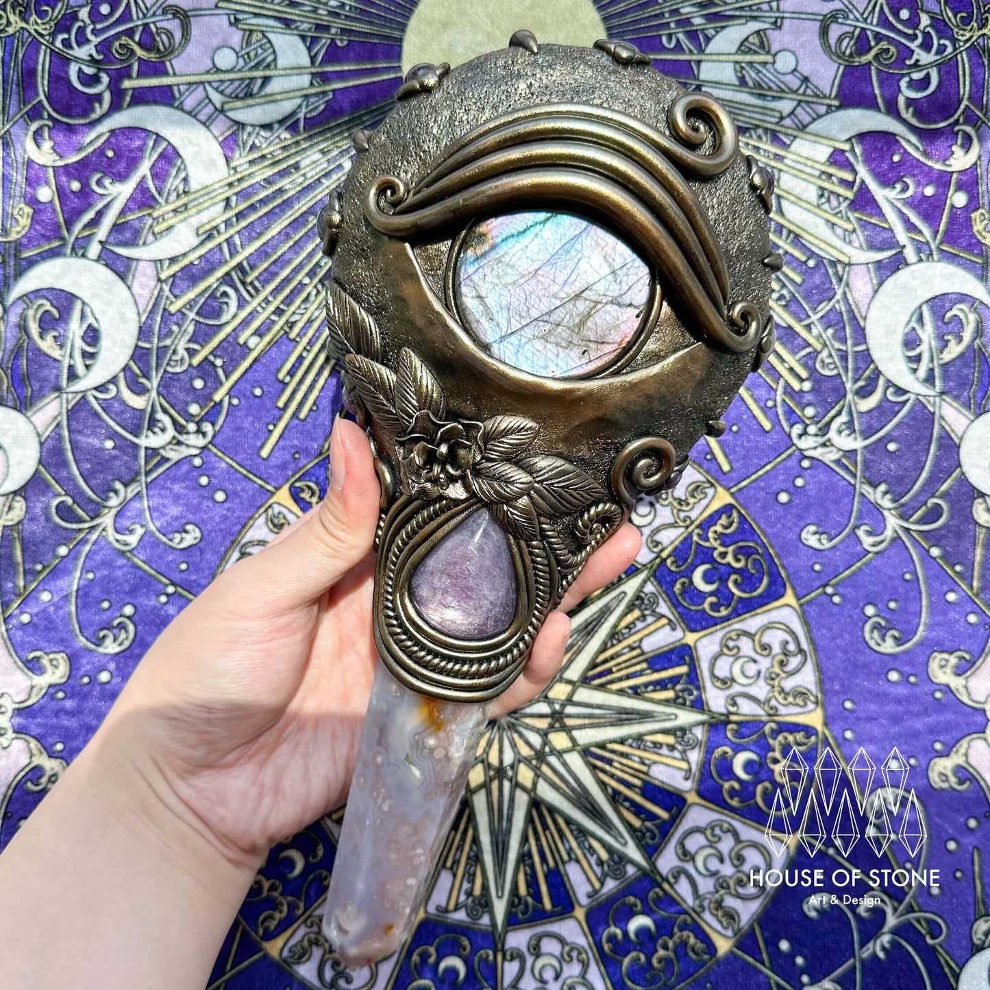 Handmade Natural Black Obsidian Mirror/Magic Obsidian Witch Wand/Crystal Quartz Wand/Scrying Mirror Wand/Root Chakra/Manifest Altar Tool