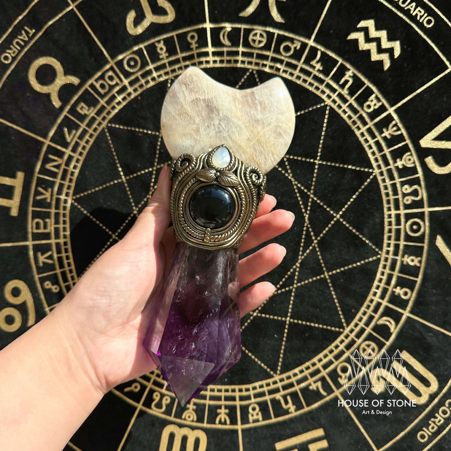 Handmade Natural Amethyst Crystal Wand/Magic Witch Crystal Wand/Moonstone Amethyst Labradorite Handle/Chakra/Manifest Altar Tool