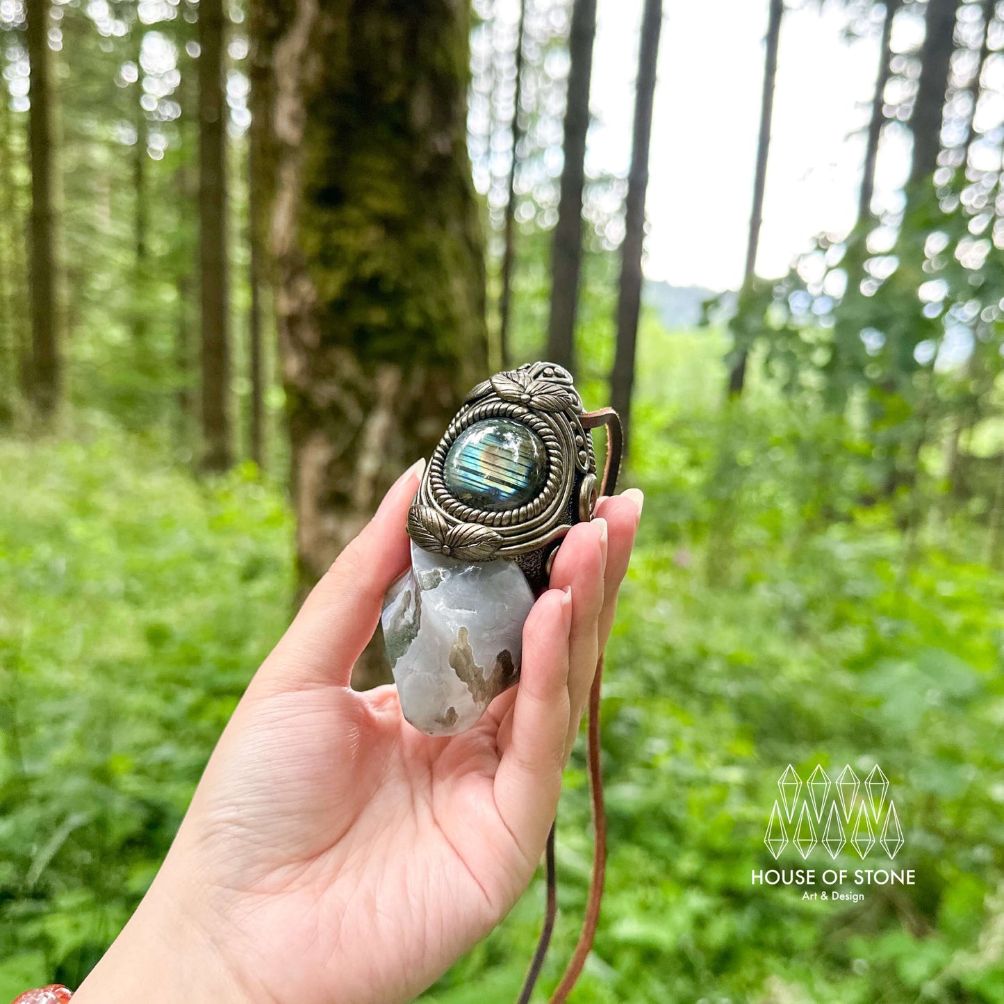 Natural Handmade Moss Agate Pendant Necklace/Magic Quartz Crystal Double-sided Pendant/Labradorite Jewelry/Chakra/Altar Tool