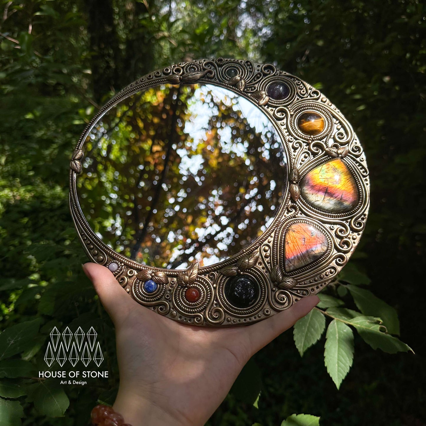 Natural Handmade Crystal Mirror/Magic Crystal Witch Mirror/Labradorite Mirror/Crystal Quartz Mirror/Chakra Healing/Manifest Altar Tool