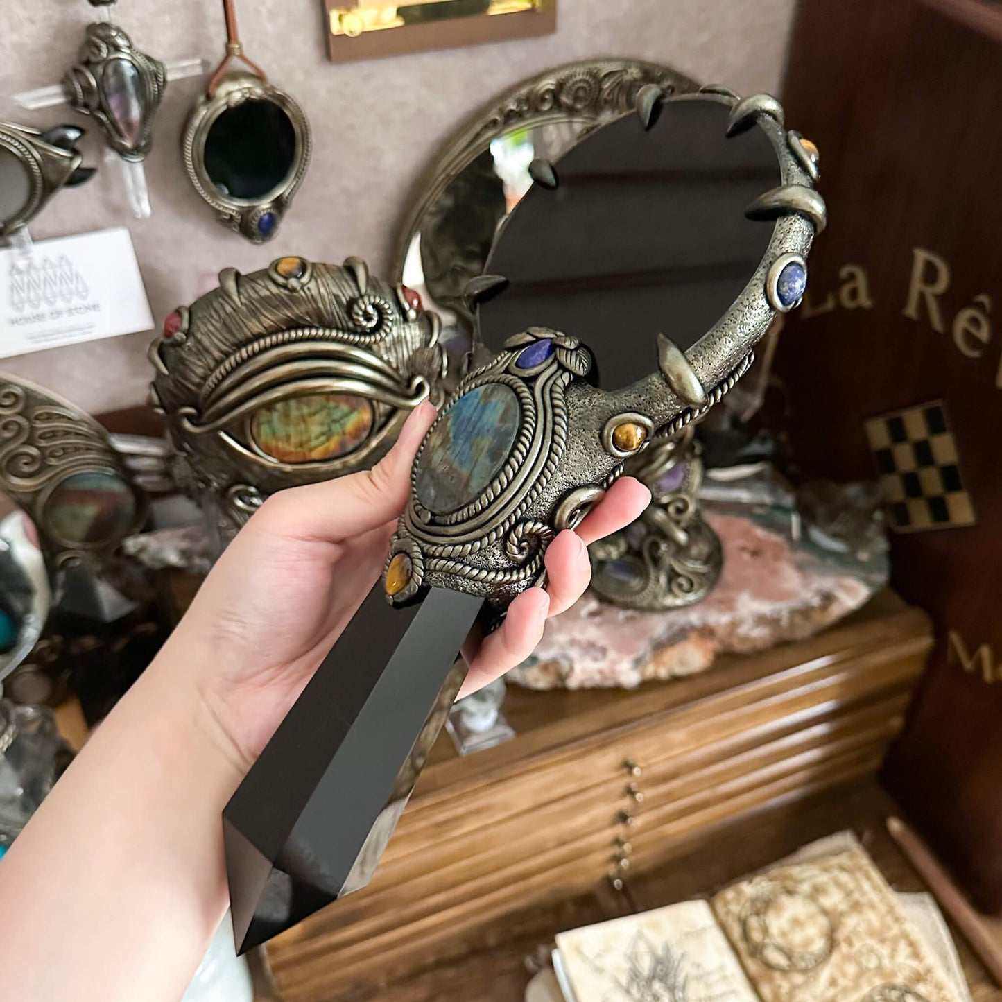 Handmade Natural Black Obsidian Mirror/Magic Obsidian Witch Wand/Crystal Quartz Wand/Scrying Mirror Wand/Root Chakra/Manifest Altar Tool