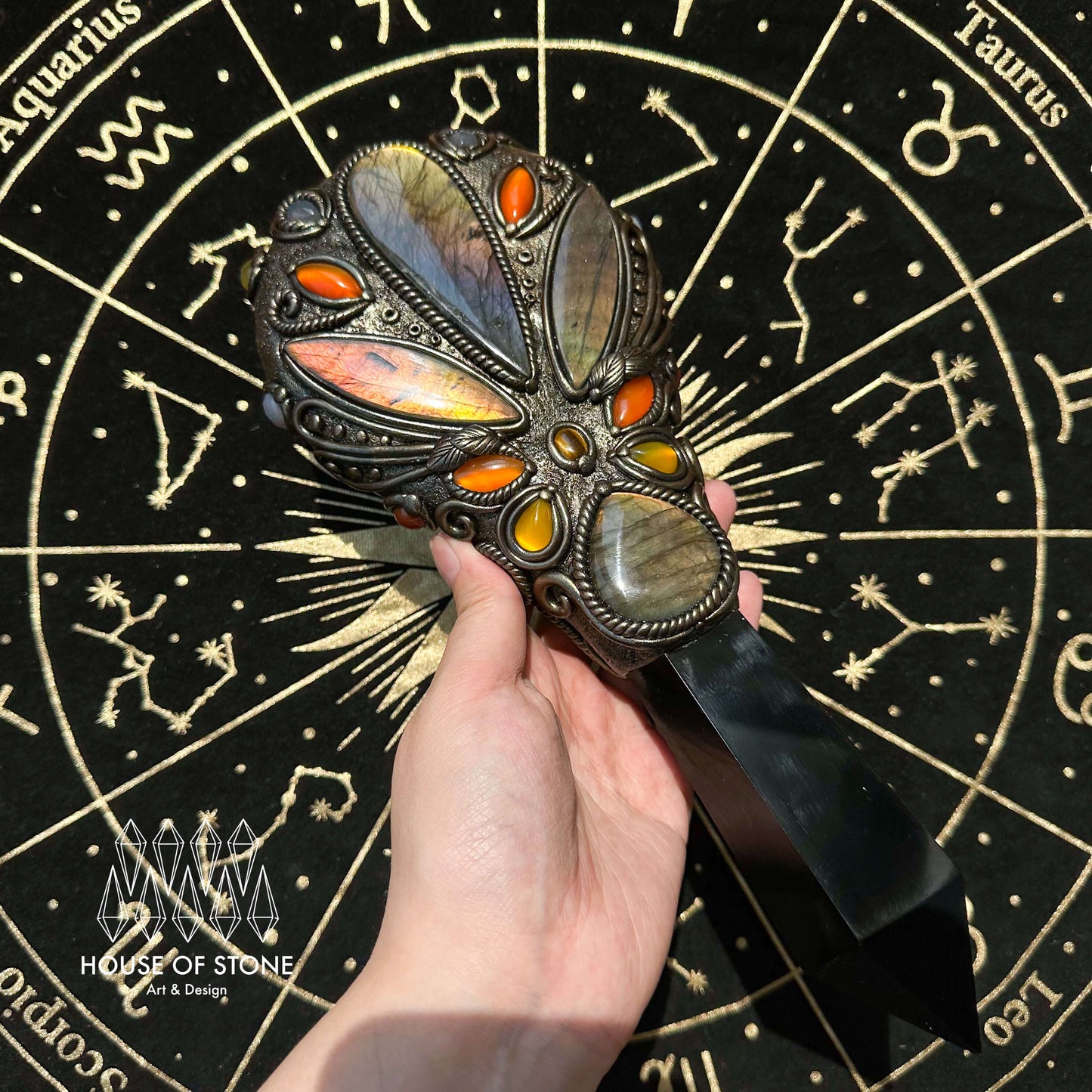 Handmade Natural Black Obsidian Mirror/Magic Obsidian Witch Wand/Crystal Quartz Wand/Scrying Mirror Wand/Root Chakra/Manifest Altar Tool