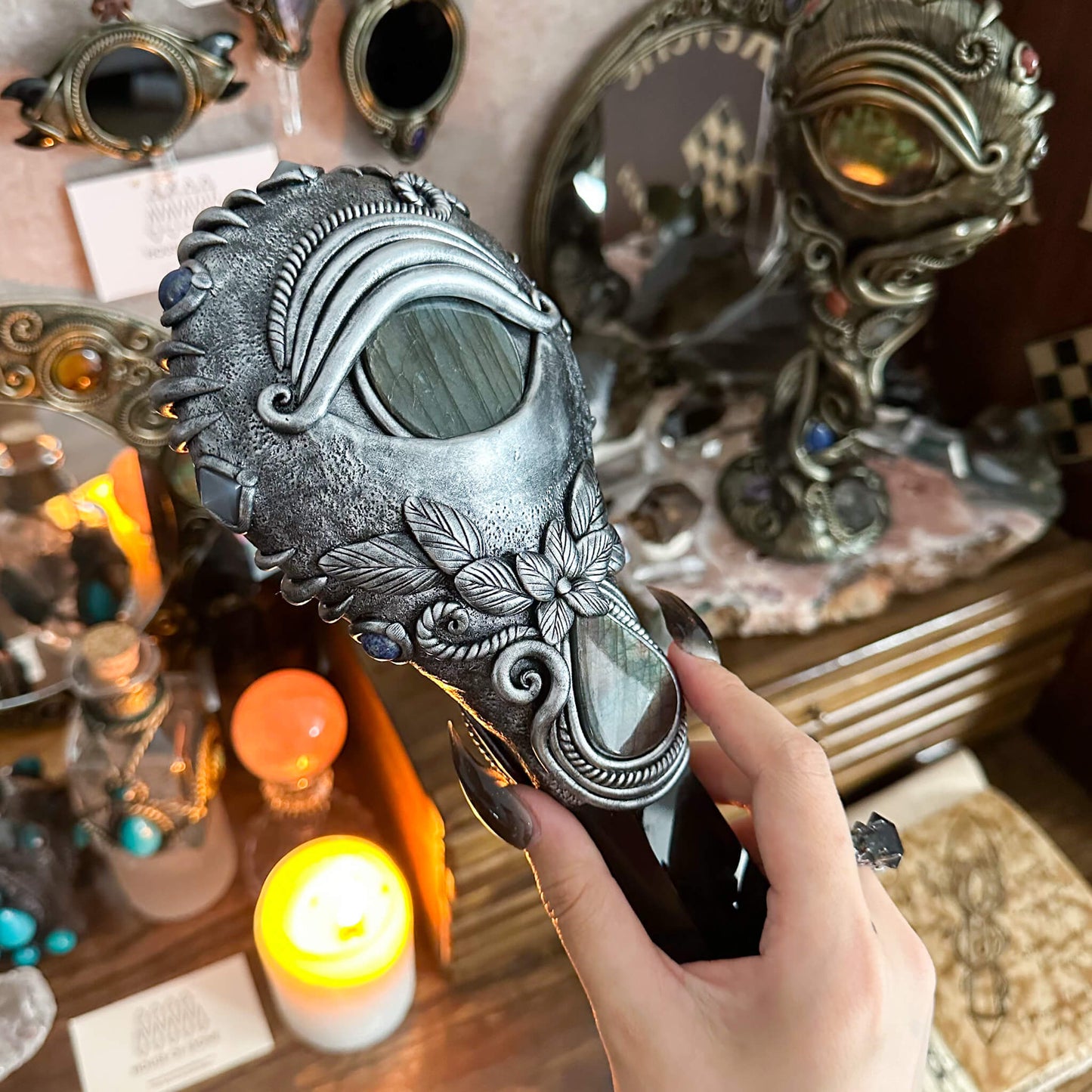 Handmade Natural Black Obsidian Mirror/Magic Obsidian Witch Wand/Crystal Quartz Wand/Scrying Mirror Wand/Root Chakra/Manifest Altar Tool