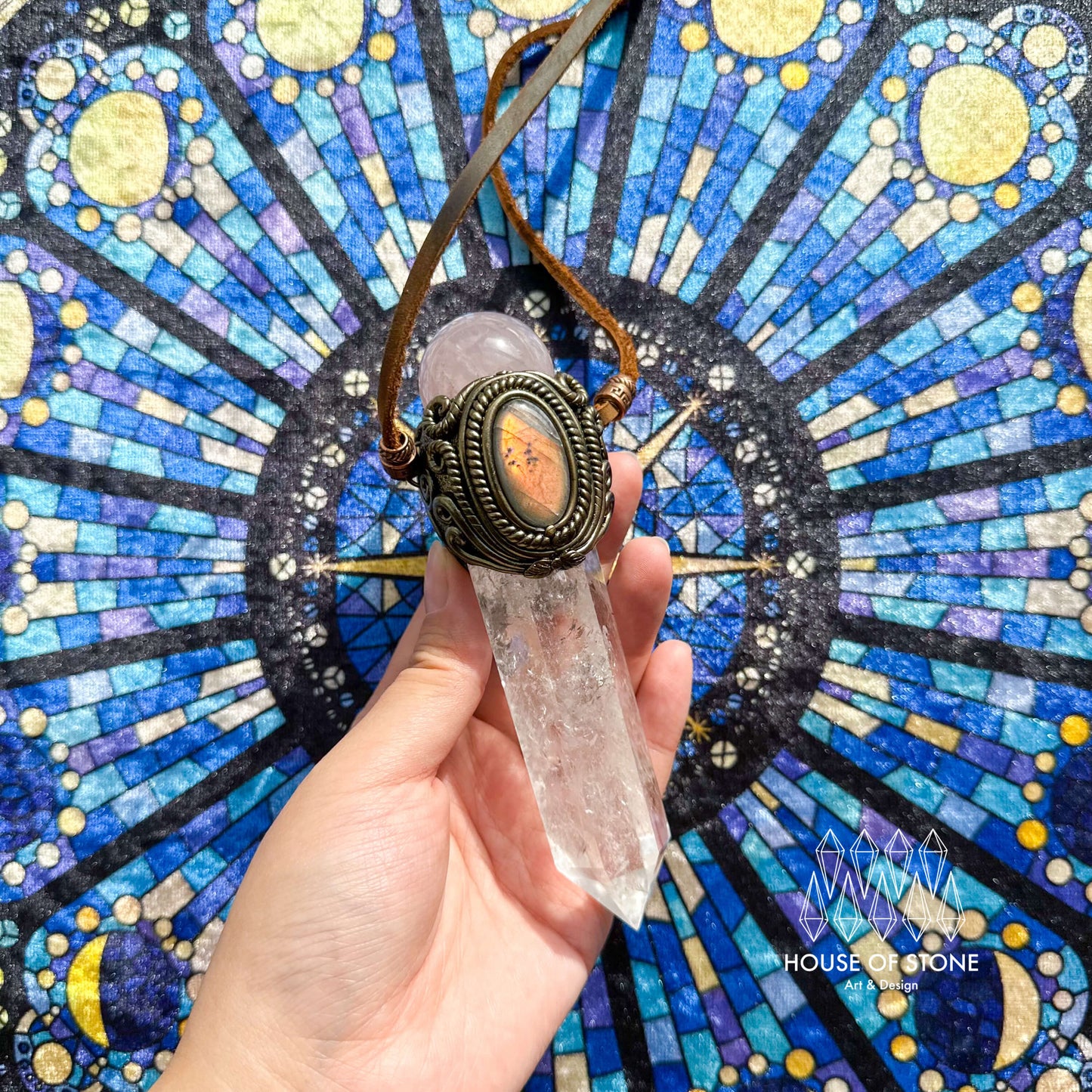 Natural Handmade Rose Quartz Pendant Necklace/Magic Clear Quartz Crystal Double-sided Pendant/Labradorite Jewelry/Chakra Healing/Altar Tool