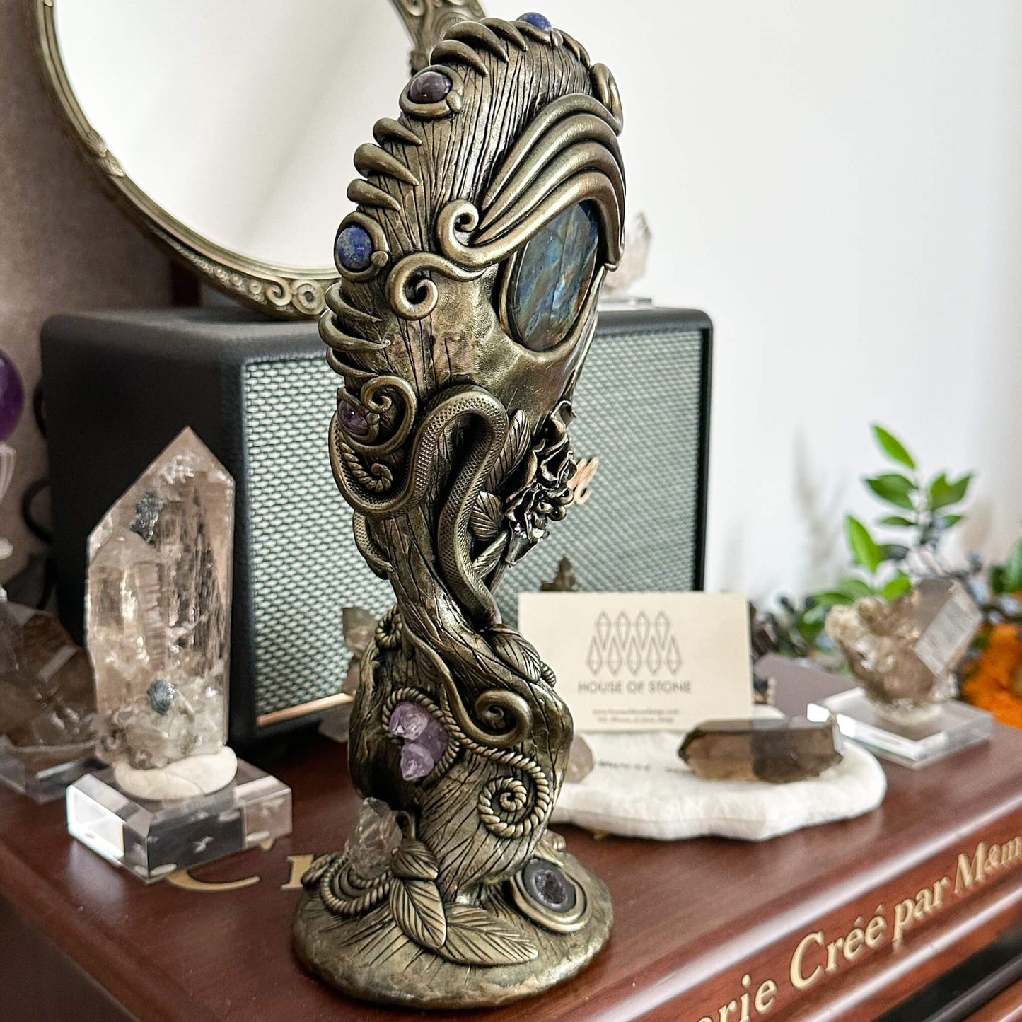 Handmade Natural Black Obsidian Mirror/Magic Obsidian Witch/Crystal Quartz with Base/Scrying Mirror/Root Chakra/Manifest Altar Tool