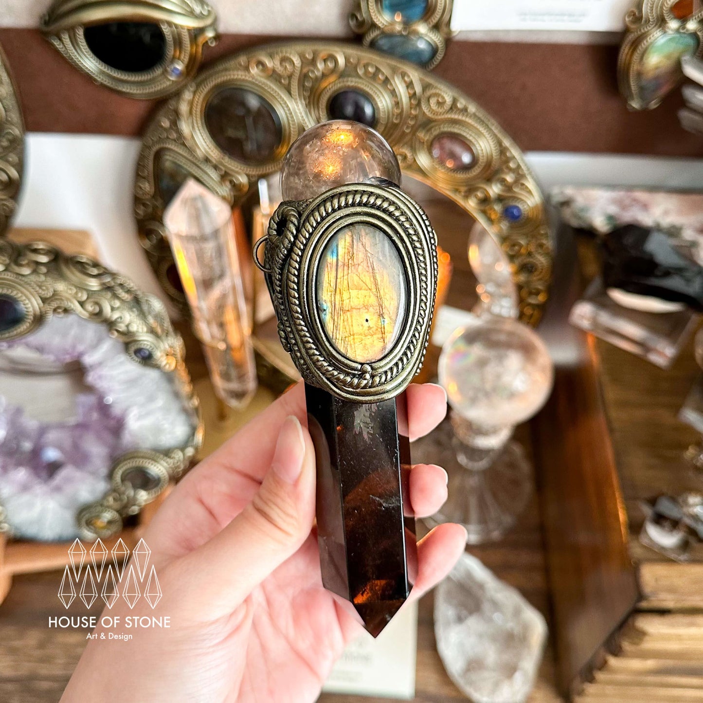 Handmade Natural Smoky Quartz Pendant Necklace/Magic Crystal Double-sided Pendant/Labradorite Necklace/Root Chakra/Manifest Altar Tool