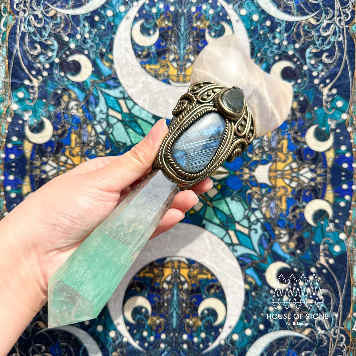 Handmade Natural Fluorite Crystal Wand/Magic Witch Crystal Wand/Moonstone Labradorite Handle/Chakra/Manifest Altar Tool