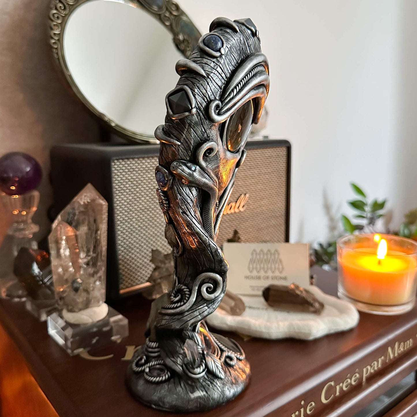 Handmade Natural Black Obsidian Mirror/Magic Obsidian Witch/Crystal Quartz with Base/Scrying Mirror/Root Chakra/Manifest Altar Tool