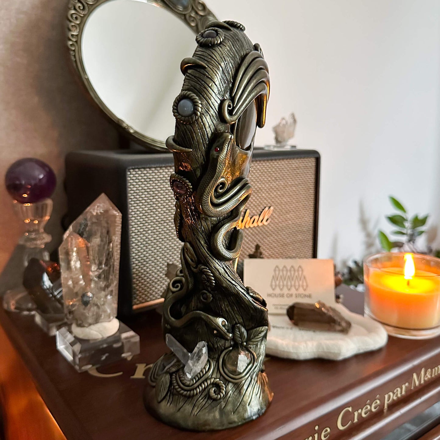 Handmade Natural Black Obsidian Mirror/Magic Obsidian Witch/Crystal Quartz with Base/Scrying Mirror/Root Chakra/Manifest Altar Tool