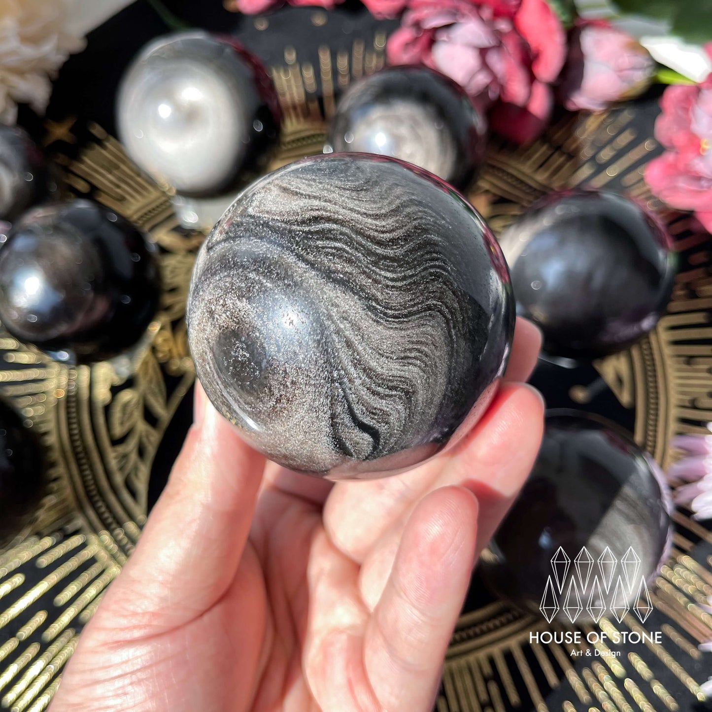 Natural Rare Silver Sheen Obsidian/Large Silver Obsidian Gemstone Sphere