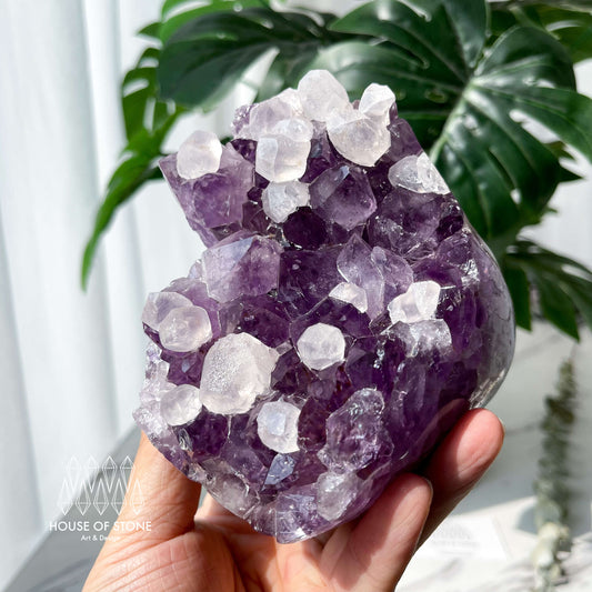 Natural Large Amethyst Geode with Calcite/Amethyst Crystal Cluster/Uruguay Amethyst Standing Cluster/Crown Chakra/AAA6