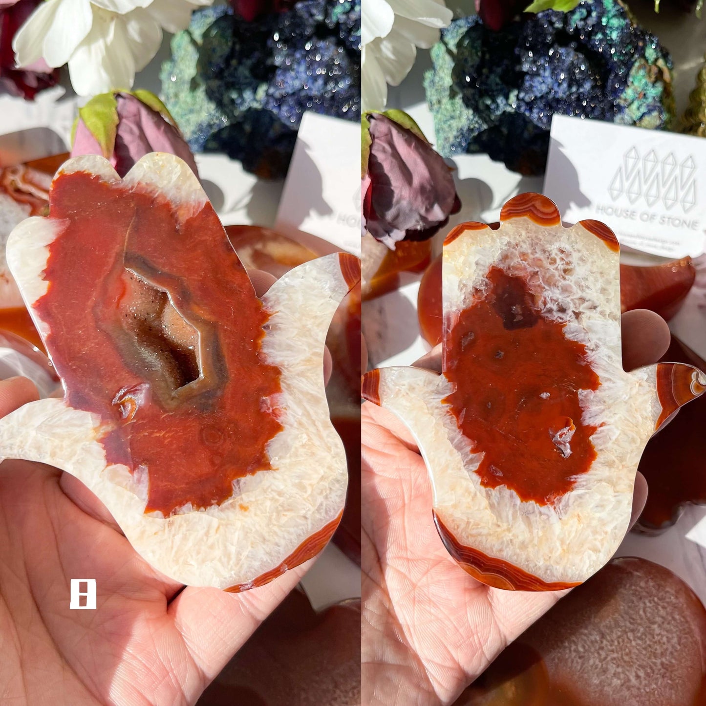 Natural Hand Carved Carnelian Heart/Druzy Carnelian Agate Hamsa Hand/Crystal Carvings