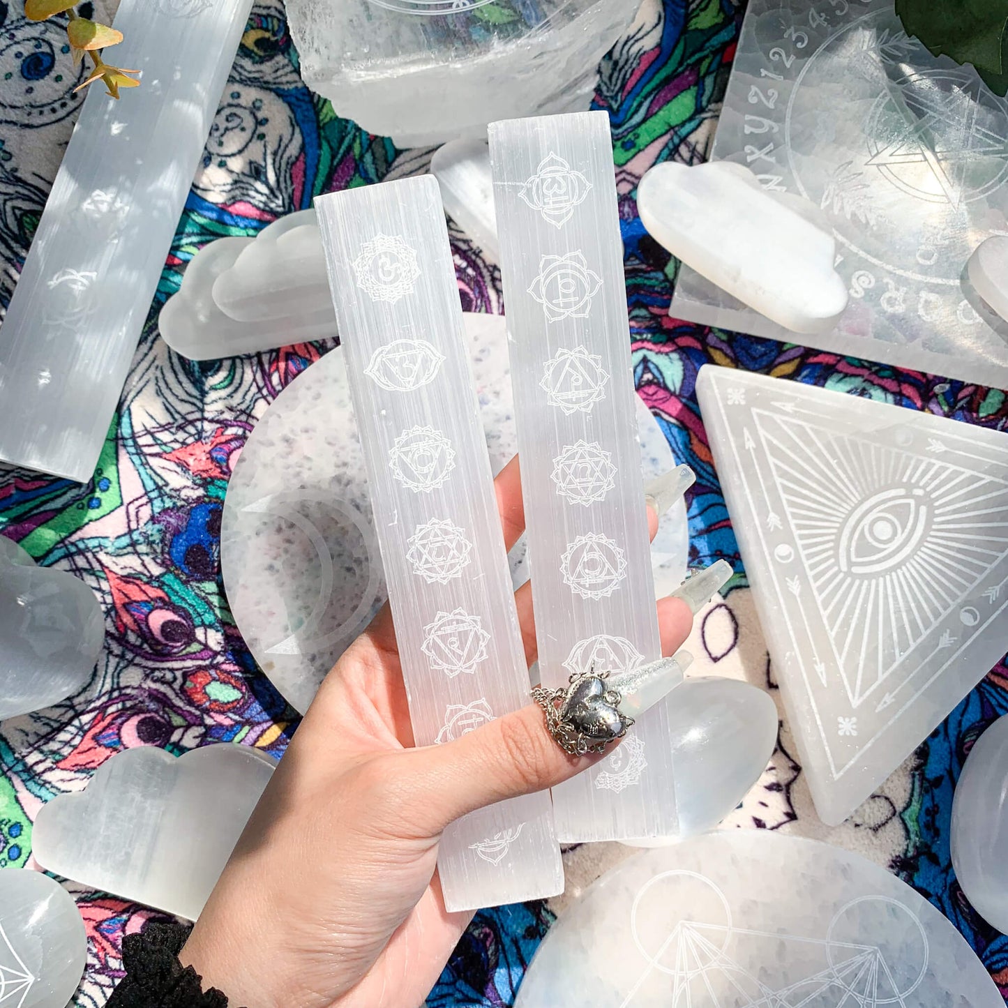 Seven Chakra Selenite Crystal Charging Plate/7 Chakra Cleanse Crystals Slab/Selenite Etched Plate