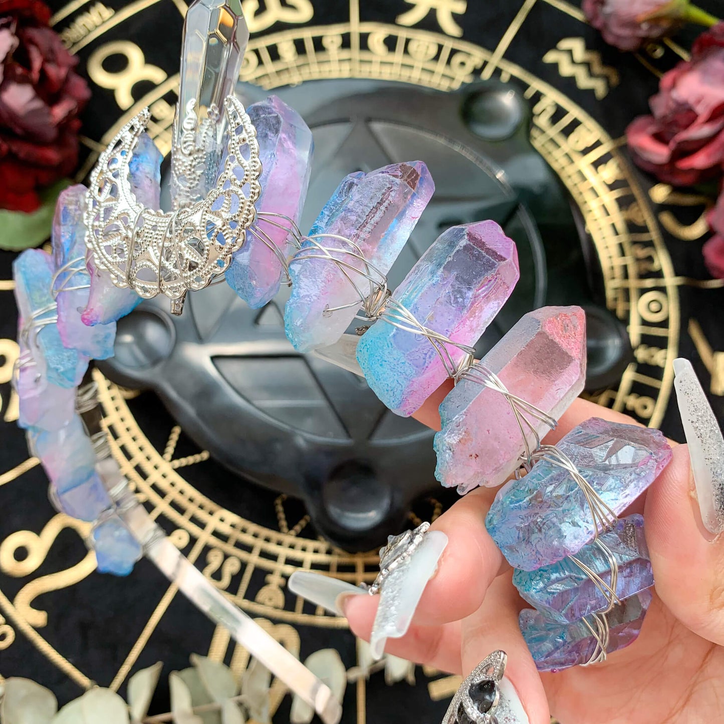 Aura Crystal Quartz Crown/Tiara Healing Hair Crown/Wedding Bride Jewelry Headband Gift/Wire Wrapped Crown