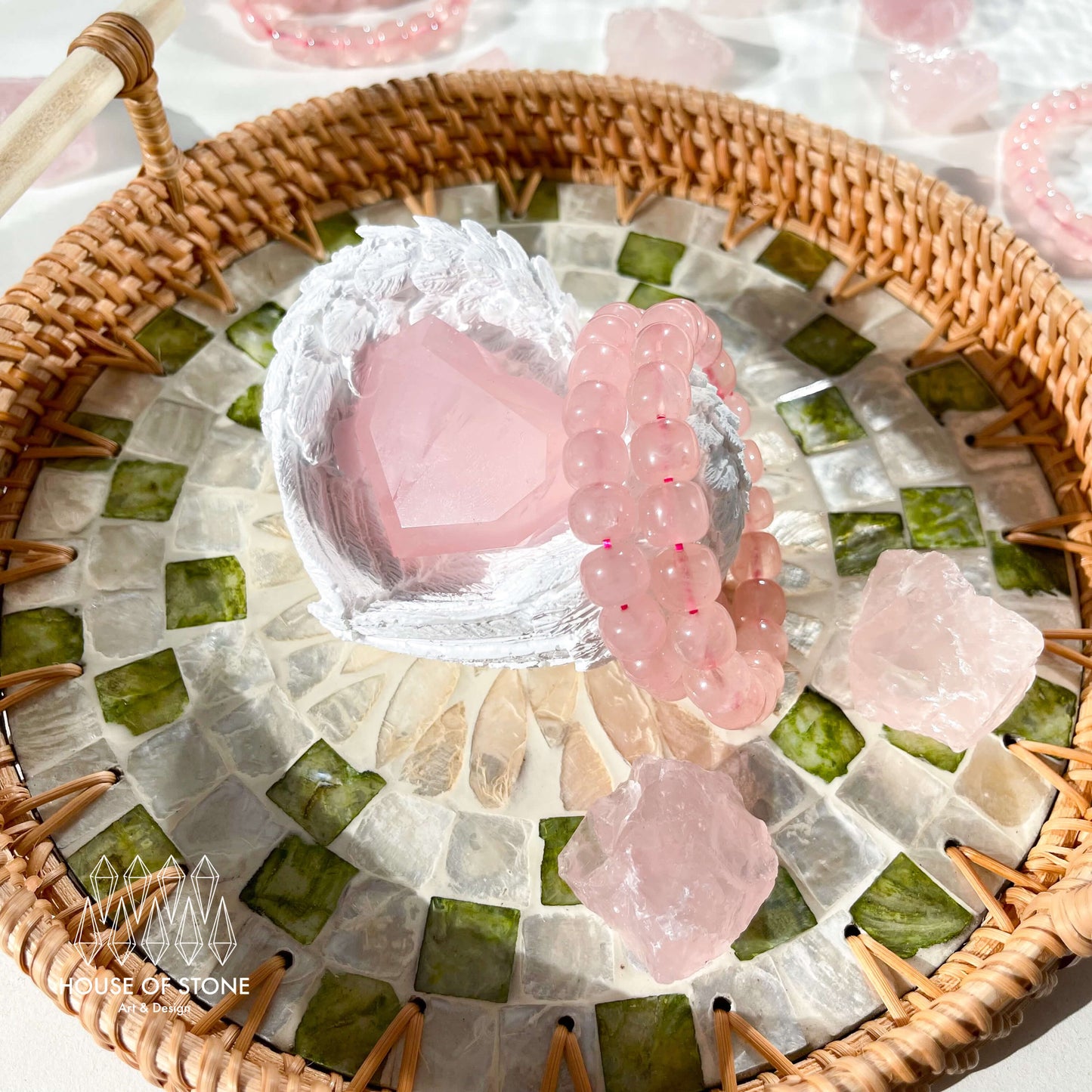 Rose Quartz Heart Set/Crystal Faceted Heart Pack/Rose Qaurtz Bracelet/Valentine’s Day Gift/Heart Chakra