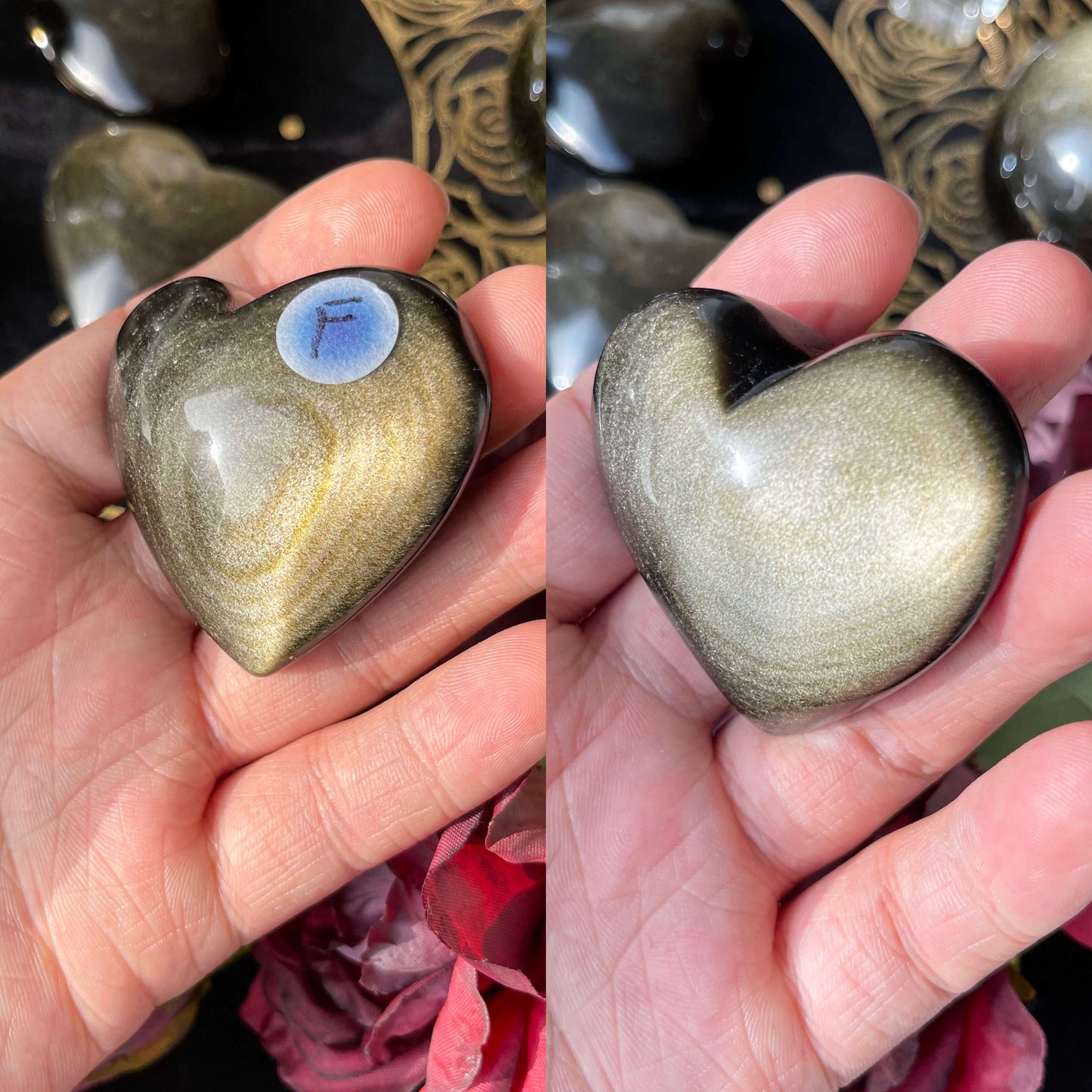 Natural Rare Gold Sheen Obsidian Palm Stone/Gold Obsidian Heart Carvings/Hand carved Obsidian Chakra Healing Stone