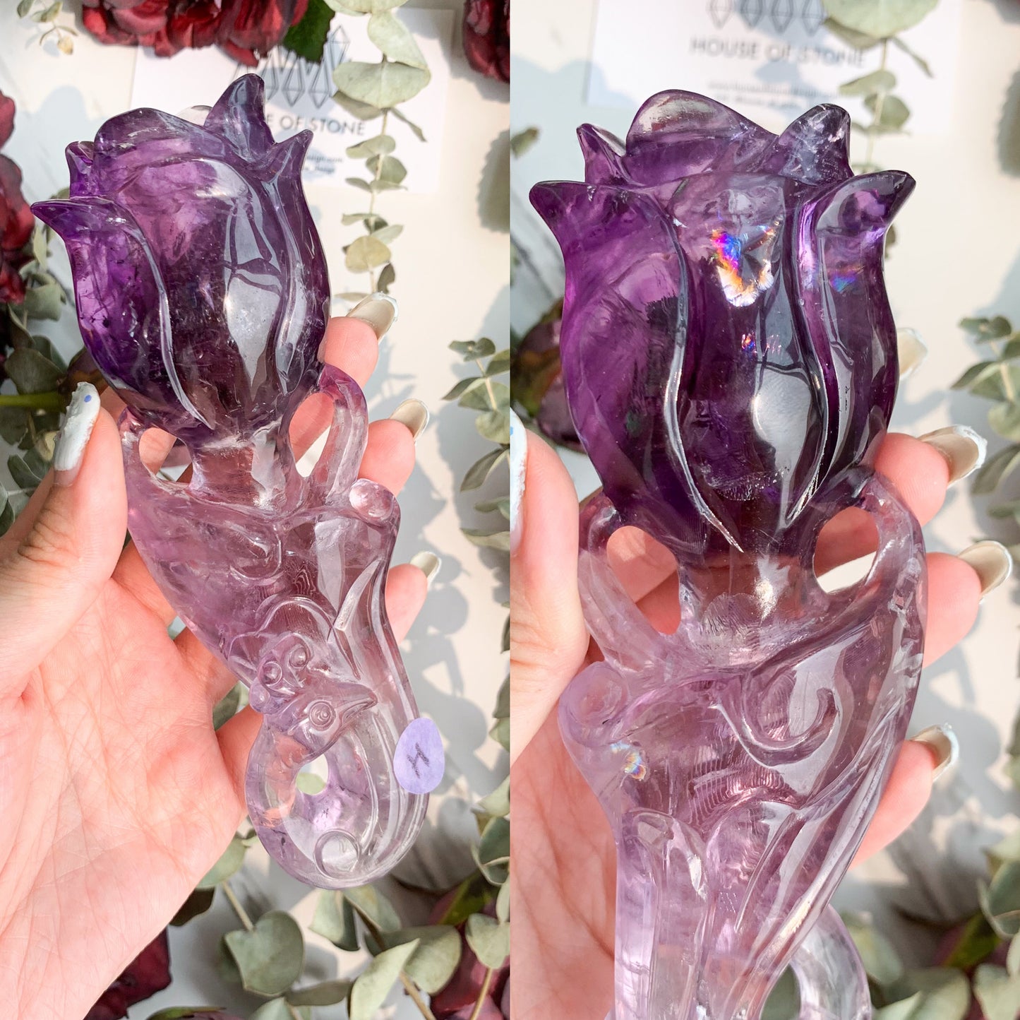Natural Amethyst Rose Peacock Wand/Amethyst Hand Carved Flower/Natural Amethyst Crystal Wand/Third Eye Chakra