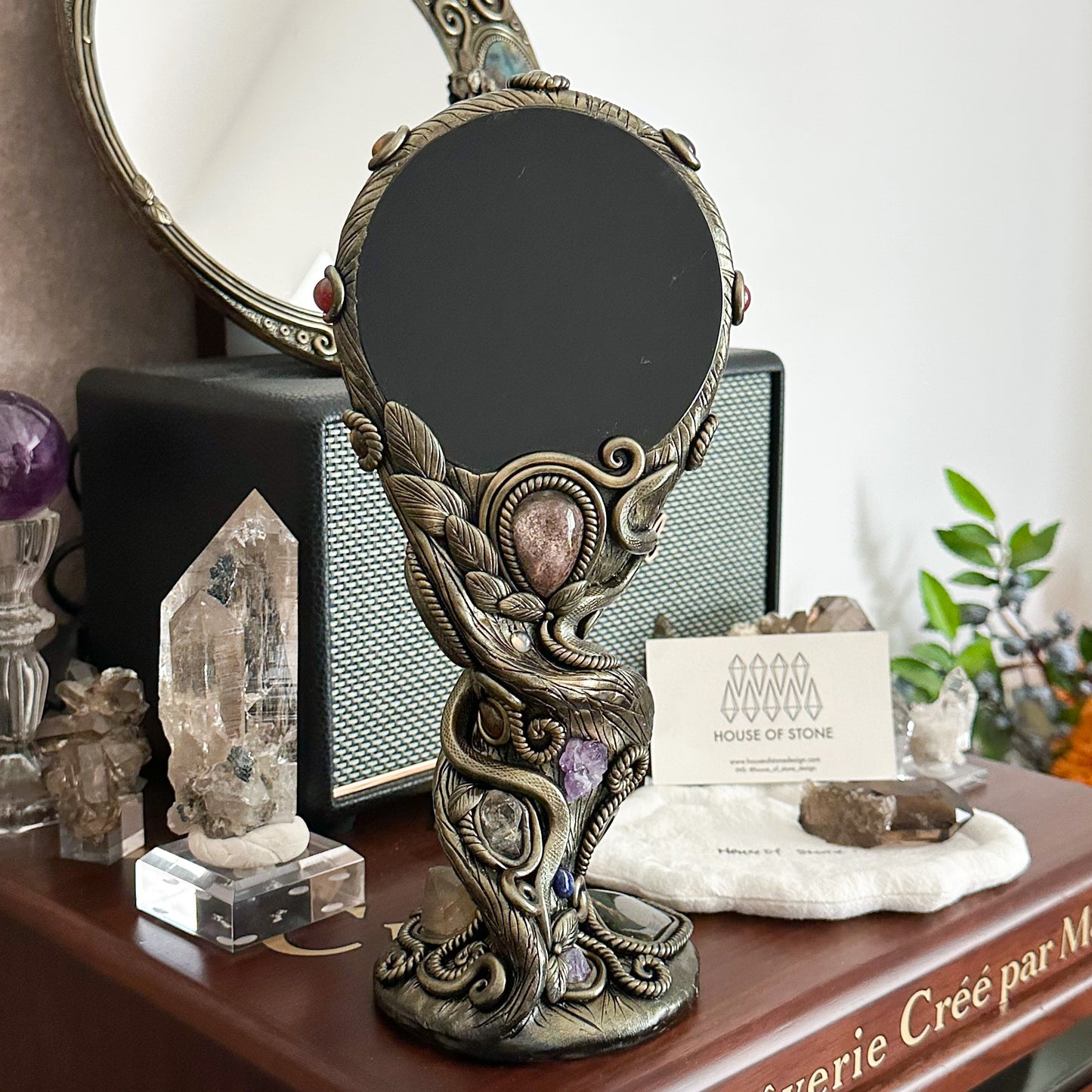 Handmade Natural Black Obsidian Mirror/Magic Obsidian Witch/Crystal Quartz with Base/Scrying Mirror/Root Chakra/Manifest Altar Tool
