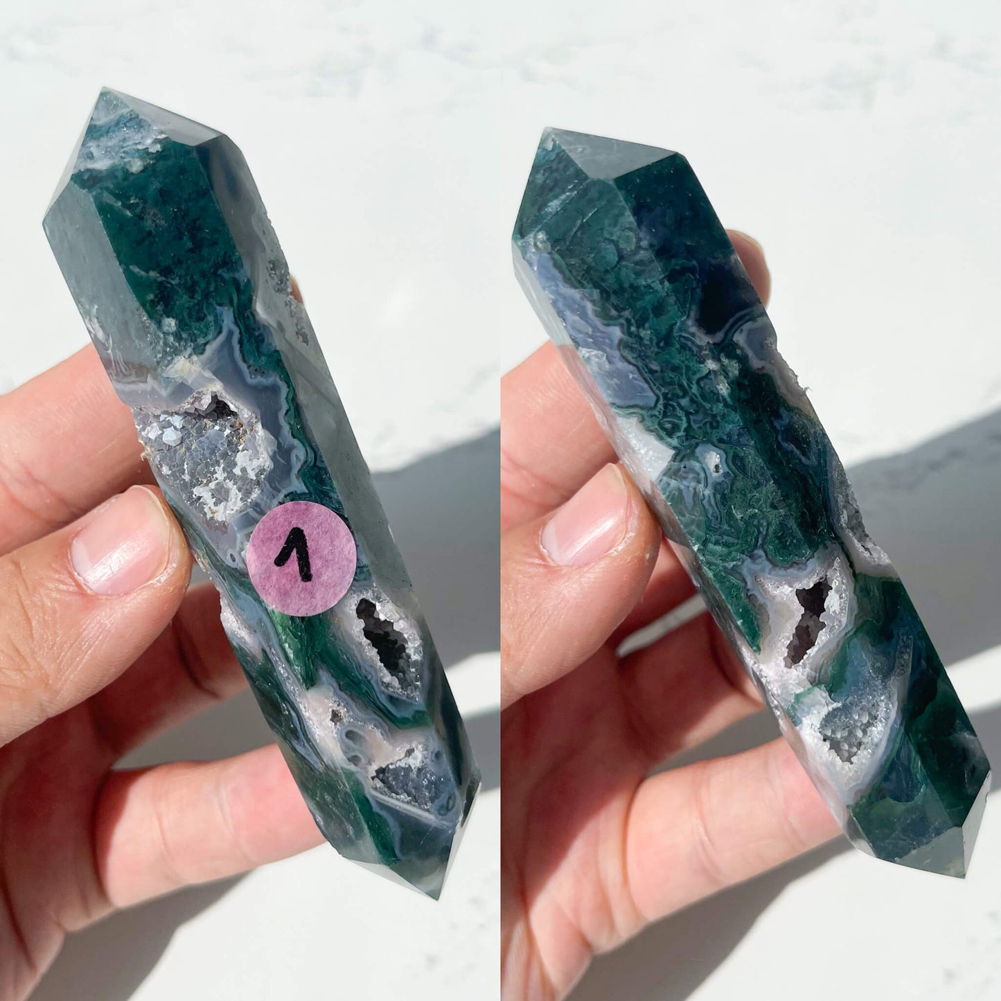 Natural Double Points Moss Agate Wand/Druzy Moss Agate Crystal Point Wand/Small Moss Agate Obelisk/Heart Chakra Healing/AAA