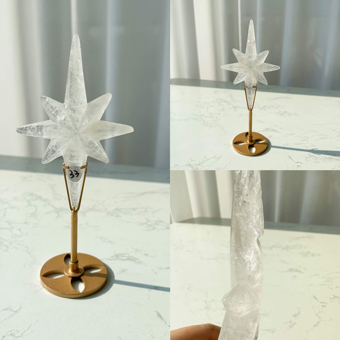 Natural Clear Quartz North Star with Stand/Large Golden Healer Crystal Celestical/Hand Carved Crystal Polar Star Carvings/Chakra Healing