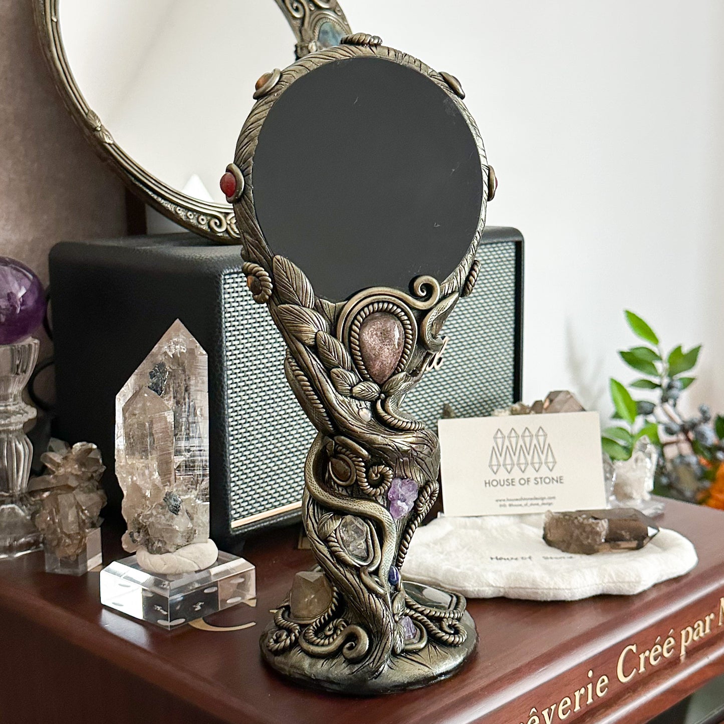 Handmade Natural Black Obsidian Mirror/Magic Obsidian Witch/Crystal Quartz with Base/Scrying Mirror/Root Chakra/Manifest Altar Tool