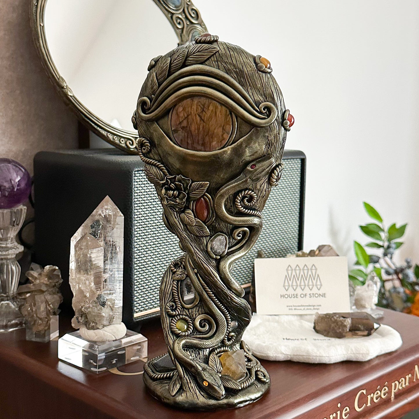 Handmade Natural Black Obsidian Mirror/Magic Obsidian Witch/Crystal Quartz with Base/Scrying Mirror/Root Chakra/Manifest Altar Tool