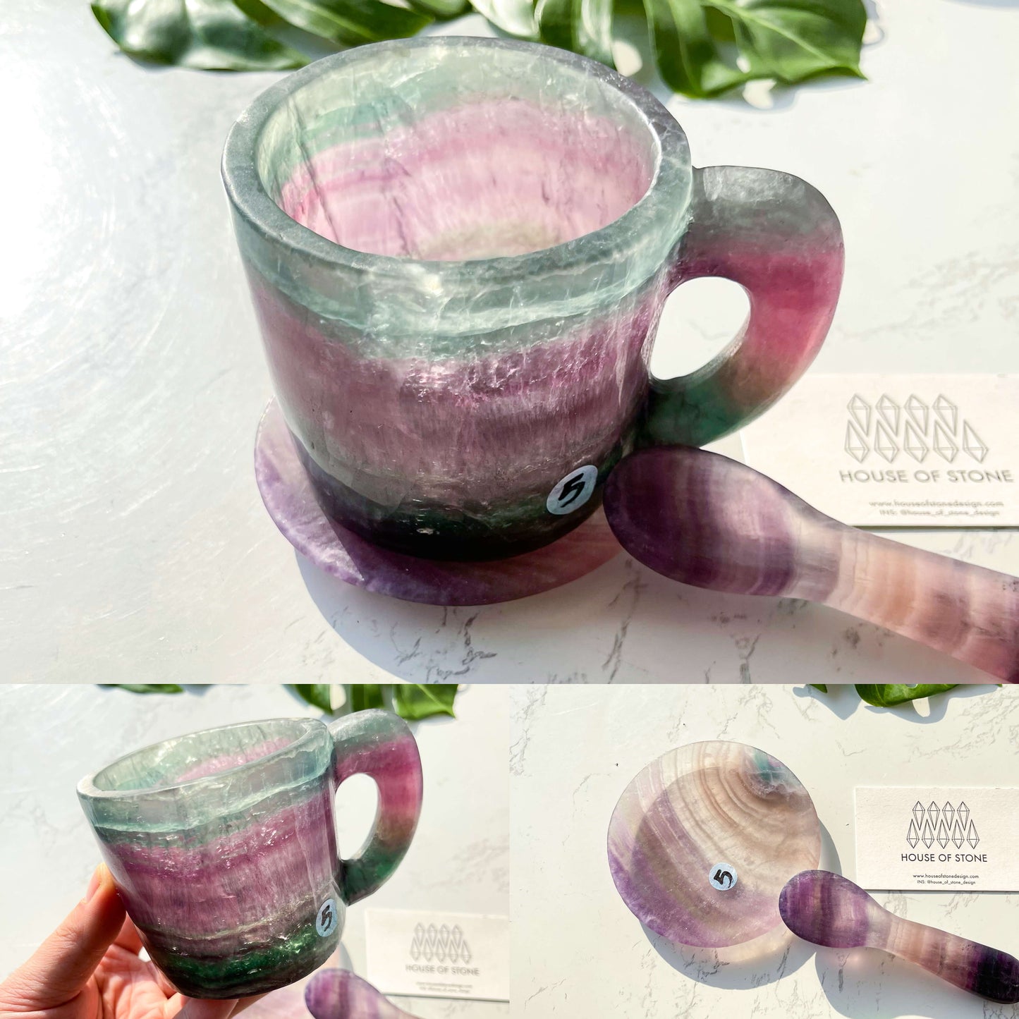 Natural Large Rainbow Fluorite Cups With Coaster/Hand Carved Fluorite Mug with Spoon/Crystal Cup/Rainbow Fluorite Tea Cup Set