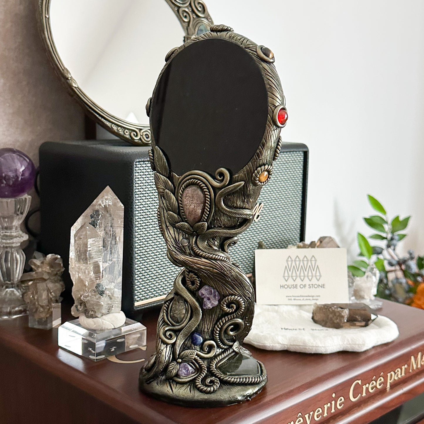 Handmade Natural Black Obsidian Mirror/Magic Obsidian Witch/Crystal Quartz with Base/Scrying Mirror/Root Chakra/Manifest Altar Tool