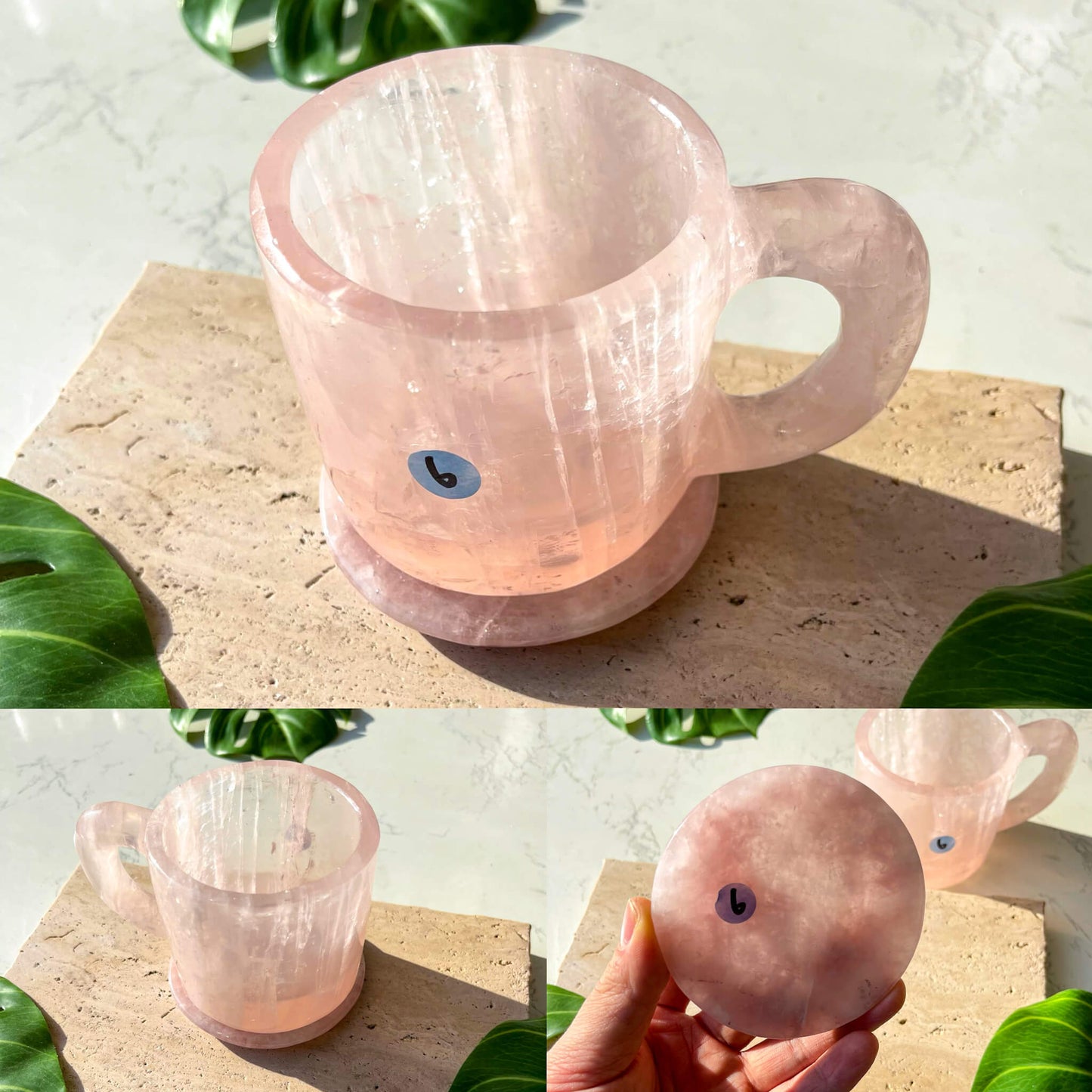 Natural Rose Quartz Cups With Coaster/Hand Carved Rose Quartz Mug/Crystal Cup/High Quality Quartz Tea Cup Set