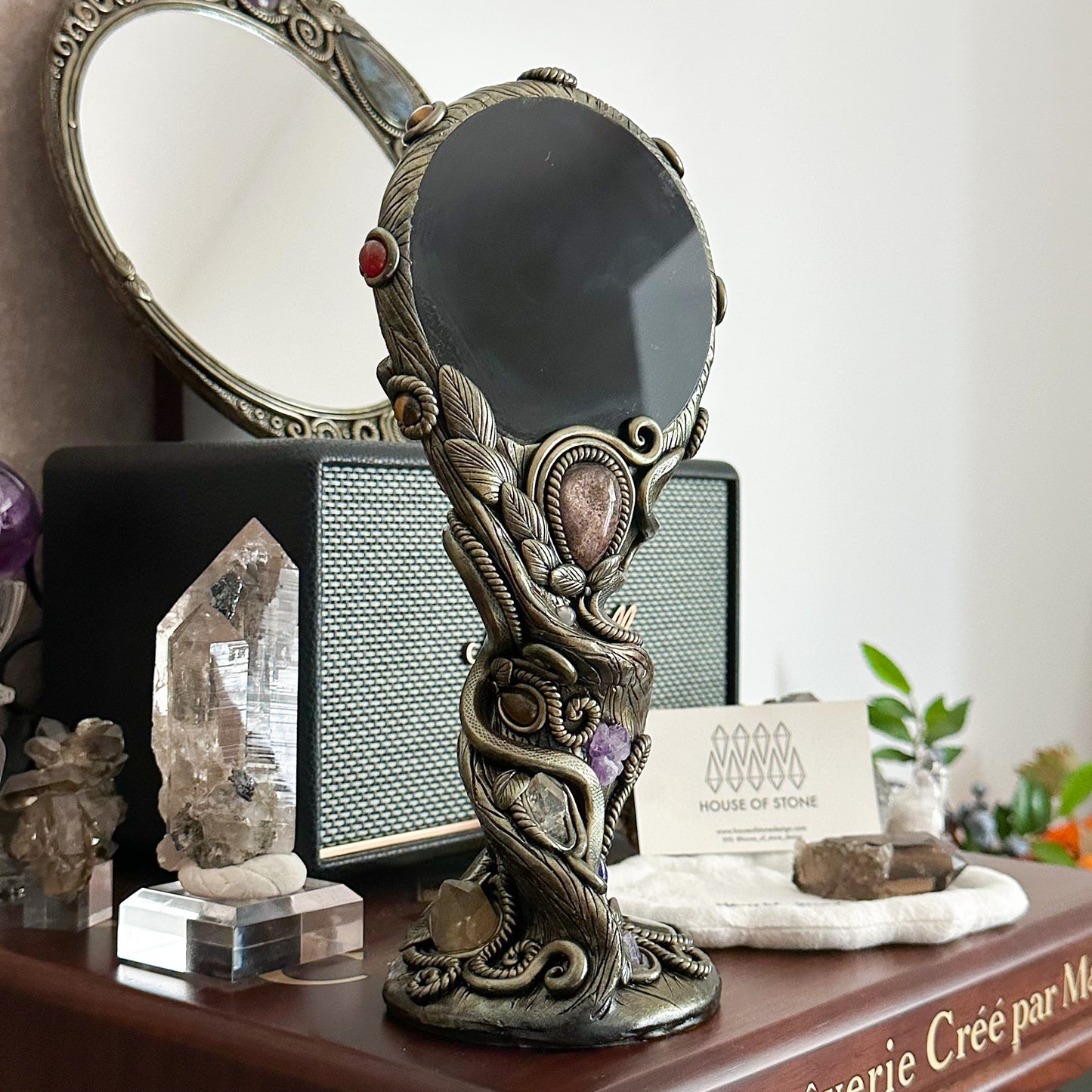 Handmade Natural Black Obsidian Mirror/Magic Obsidian Witch/Crystal Quartz with Base/Scrying Mirror/Root Chakra/Manifest Altar Tool