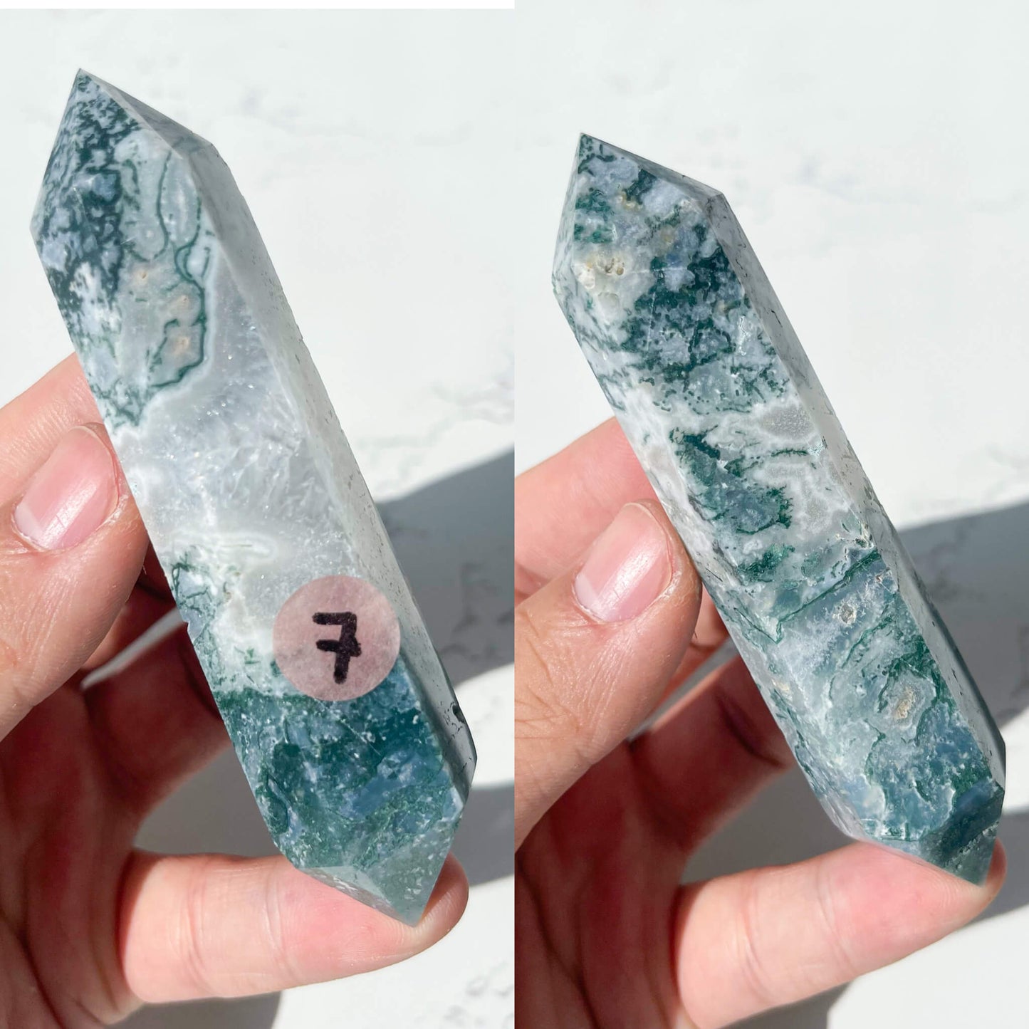 Natural Double Points Moss Agate Wand/Druzy Moss Agate Crystal Point Wand/Small Moss Agate Obelisk/Heart Chakra Healing/AAA