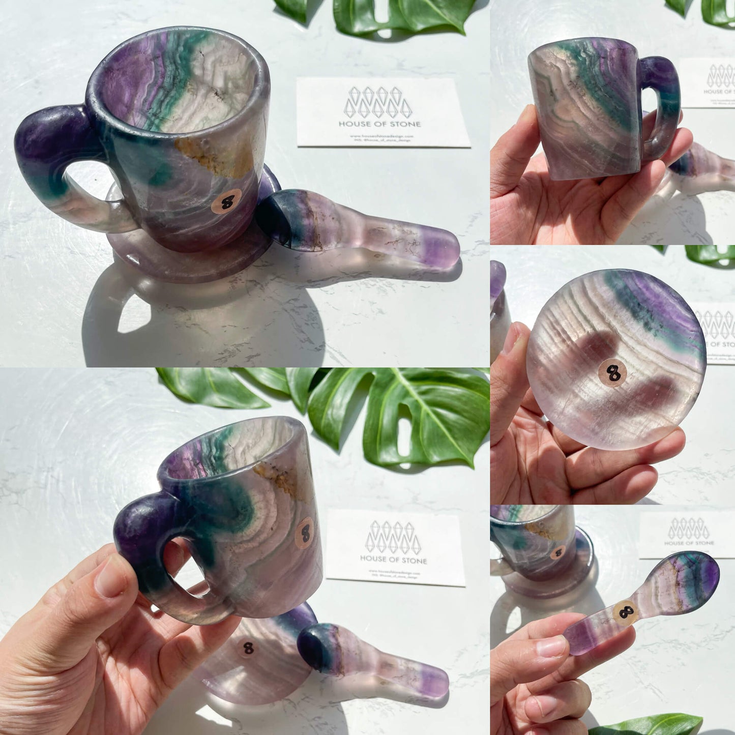 Natural Rainbow Fluorite Cups With Coaster/Hand Carved Fluorite Mug with Spoon/Crystal Cup/Rainbow Fluorite Tea Cup Set/Chakra Healing Gift