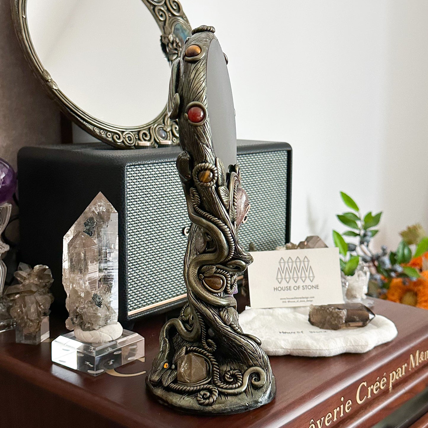 Handmade Natural Black Obsidian Mirror/Magic Obsidian Witch/Crystal Quartz with Base/Scrying Mirror/Root Chakra/Manifest Altar Tool