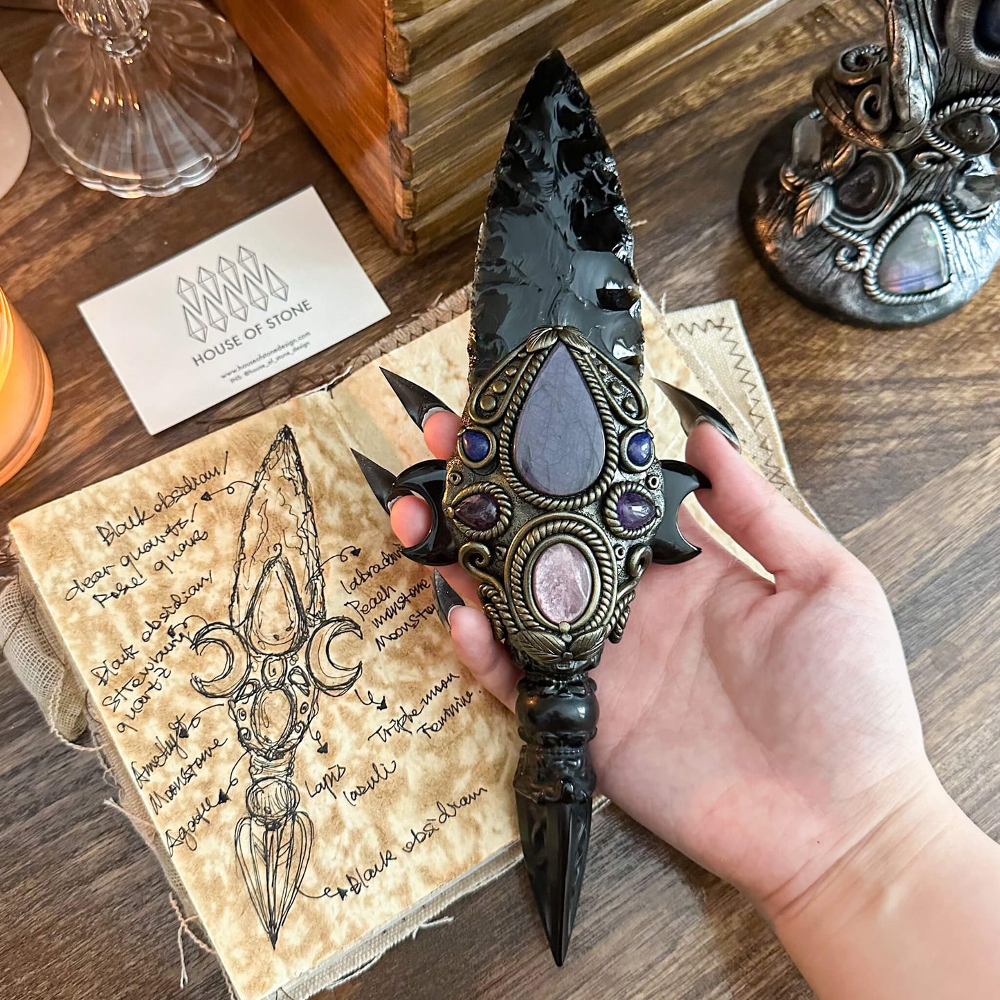 Handmade Natural Black Obsidian Knife/Magic Obsidian Witch Wand Blade/Crystal Quartz Dagger/Root Chakra/Manifest Altar Tool