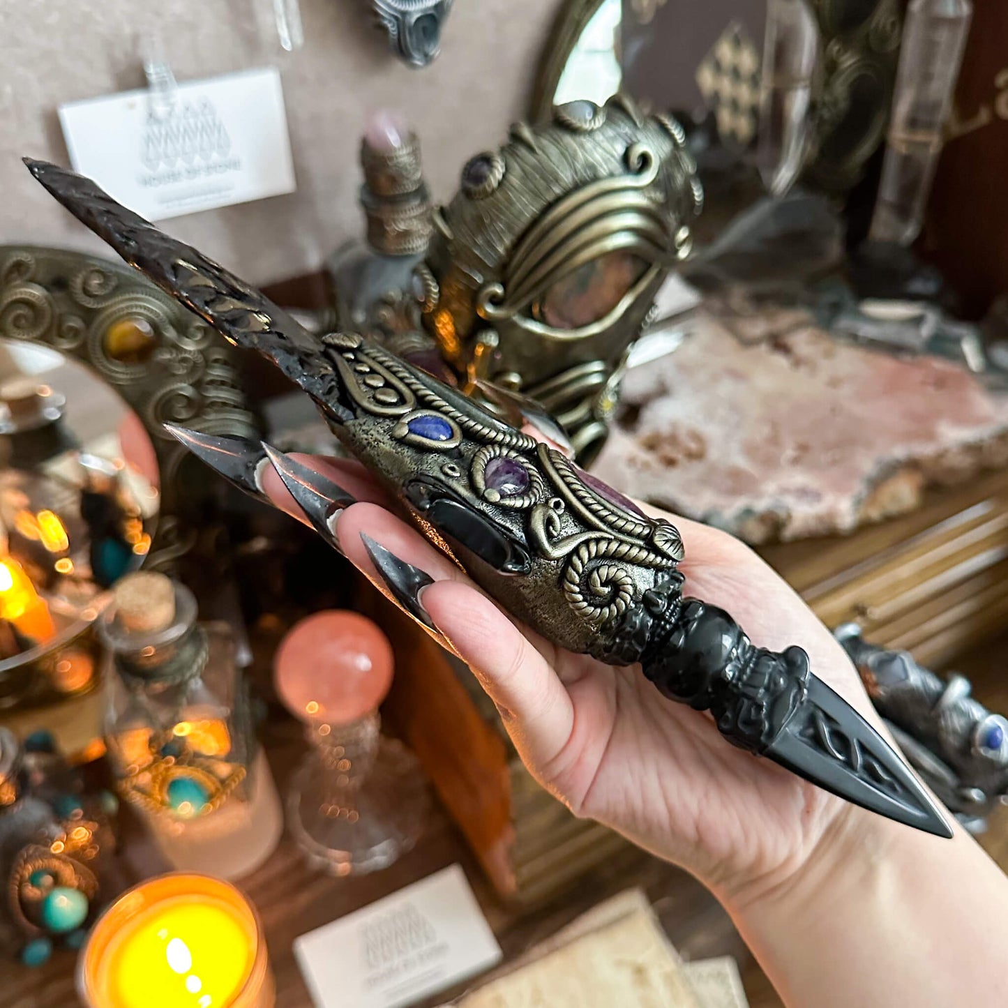 Handmade Natural Black Obsidian Knife/Magic Obsidian Witch Wand Blade/Crystal Quartz Dagger/Root Chakra/Manifest Altar Tool