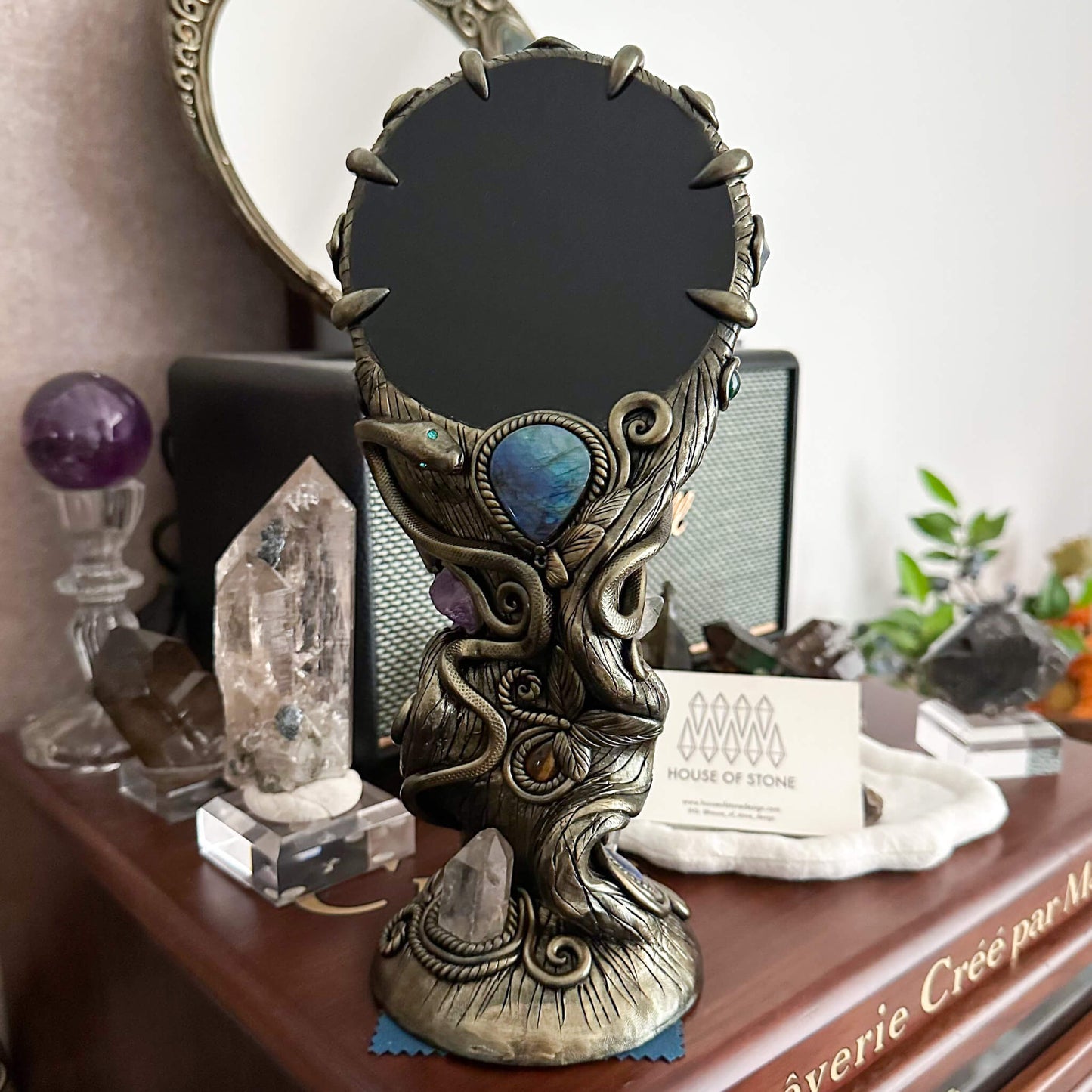 Handmade Natural Black Obsidian Mirror/Magic Obsidian Witch/Crystal Quartz with Base/Scrying Mirror/Root Chakra/Manifest Altar Tool