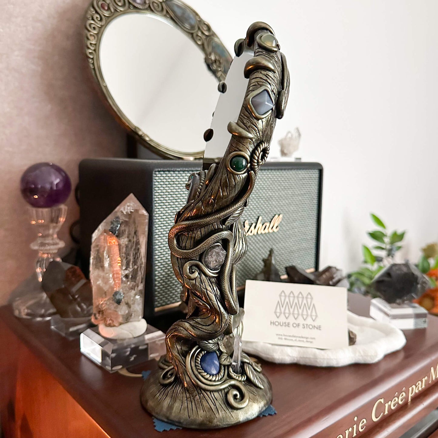 Handmade Natural Black Obsidian Mirror/Magic Obsidian Witch/Crystal Quartz with Base/Scrying Mirror/Root Chakra/Manifest Altar Tool