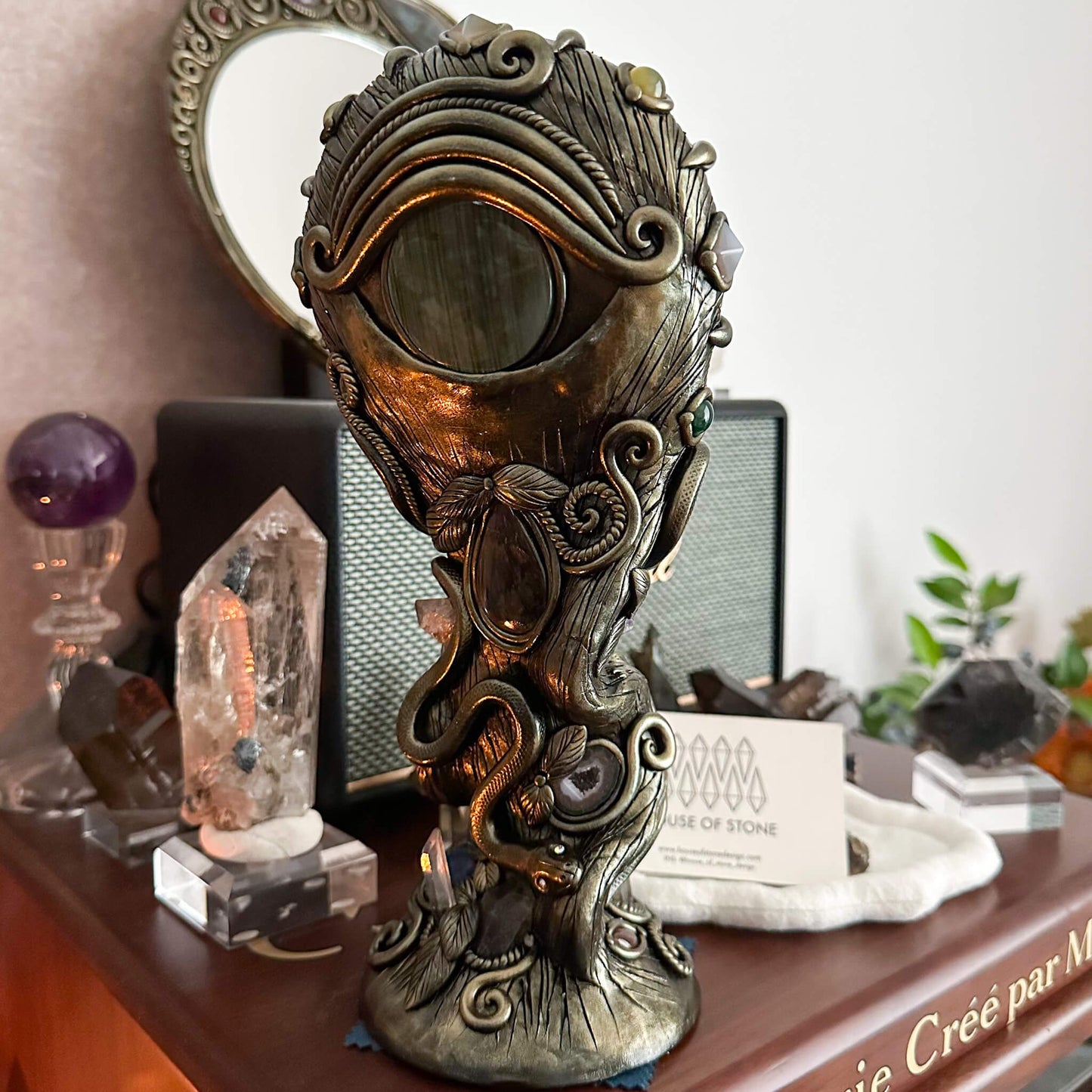 Handmade Natural Black Obsidian Mirror/Magic Obsidian Witch/Crystal Quartz with Base/Scrying Mirror/Root Chakra/Manifest Altar Tool
