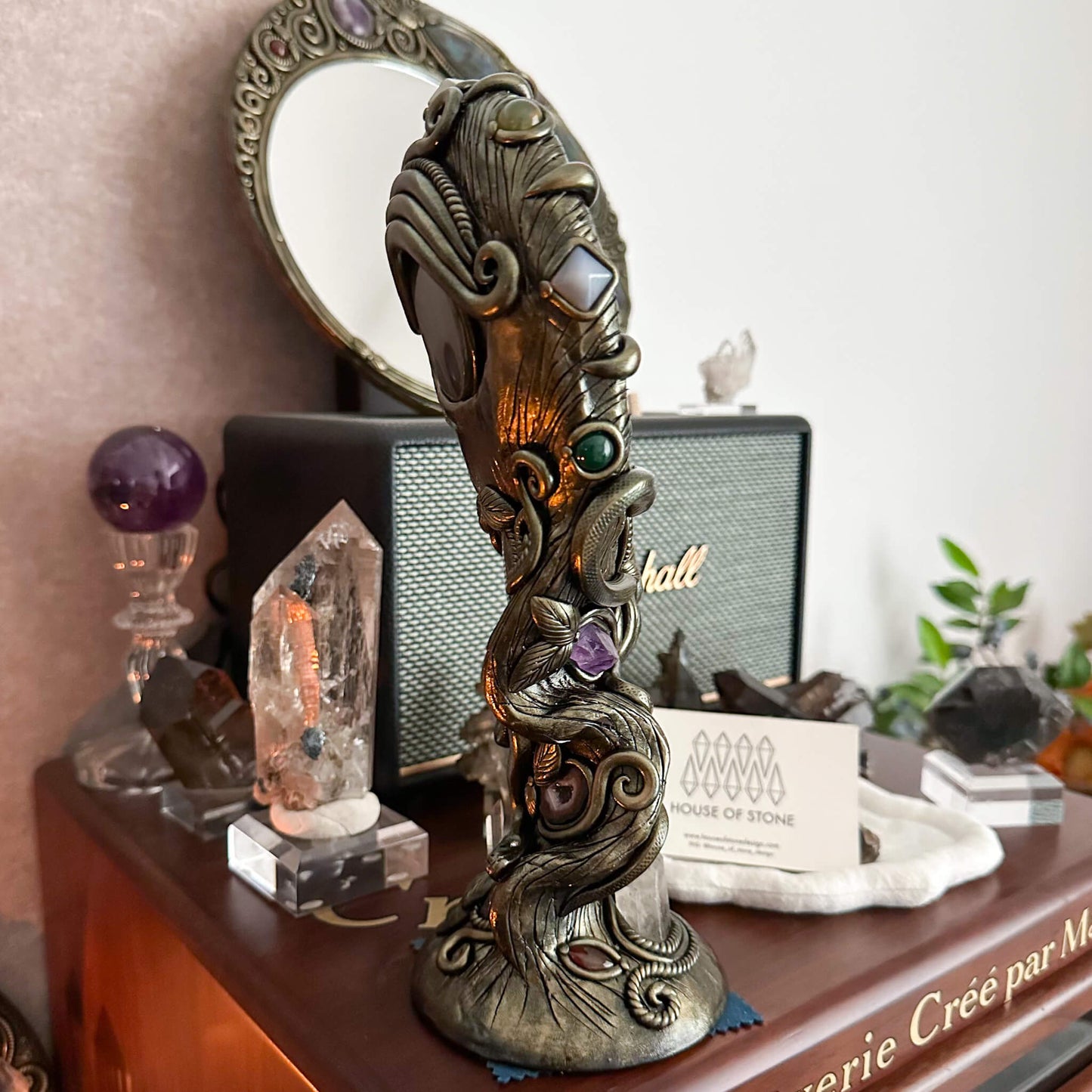 Handmade Natural Black Obsidian Mirror/Magic Obsidian Witch/Crystal Quartz with Base/Scrying Mirror/Root Chakra/Manifest Altar Tool