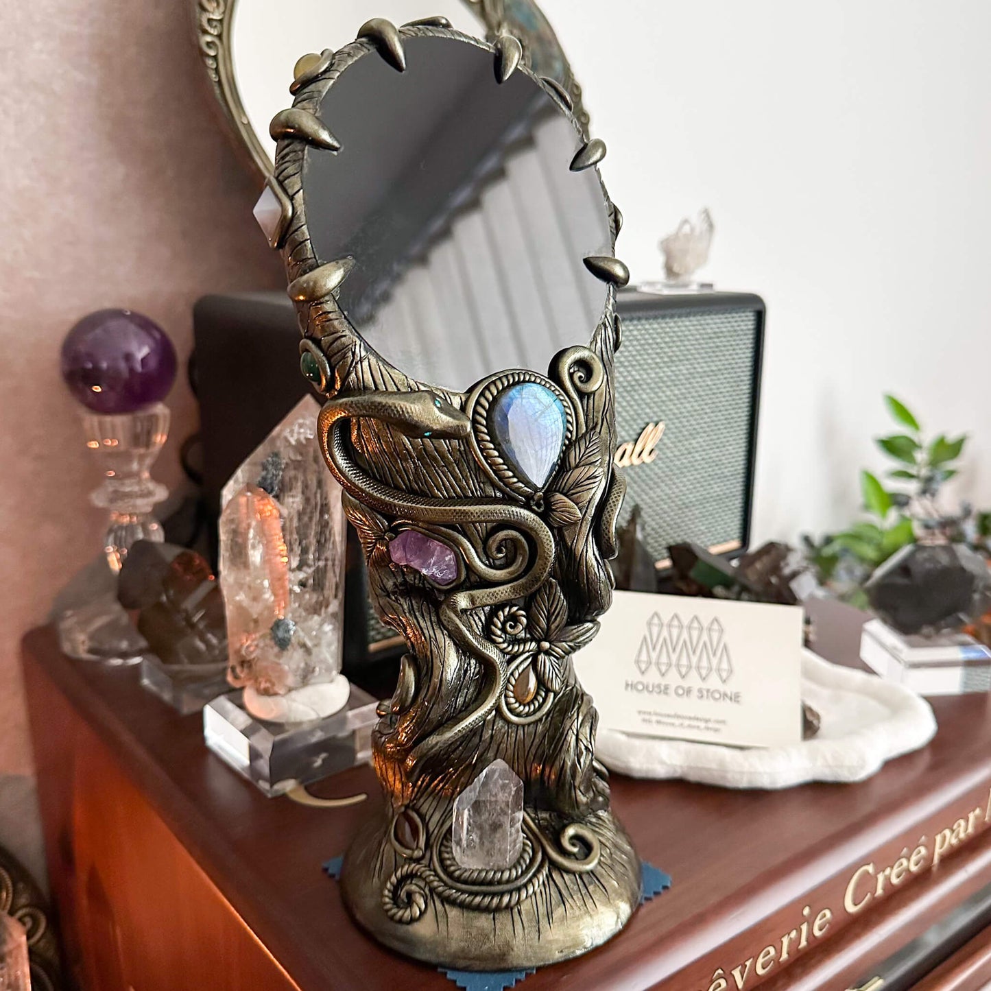 Handmade Natural Black Obsidian Mirror/Magic Obsidian Witch/Crystal Quartz with Base/Scrying Mirror/Root Chakra/Manifest Altar Tool
